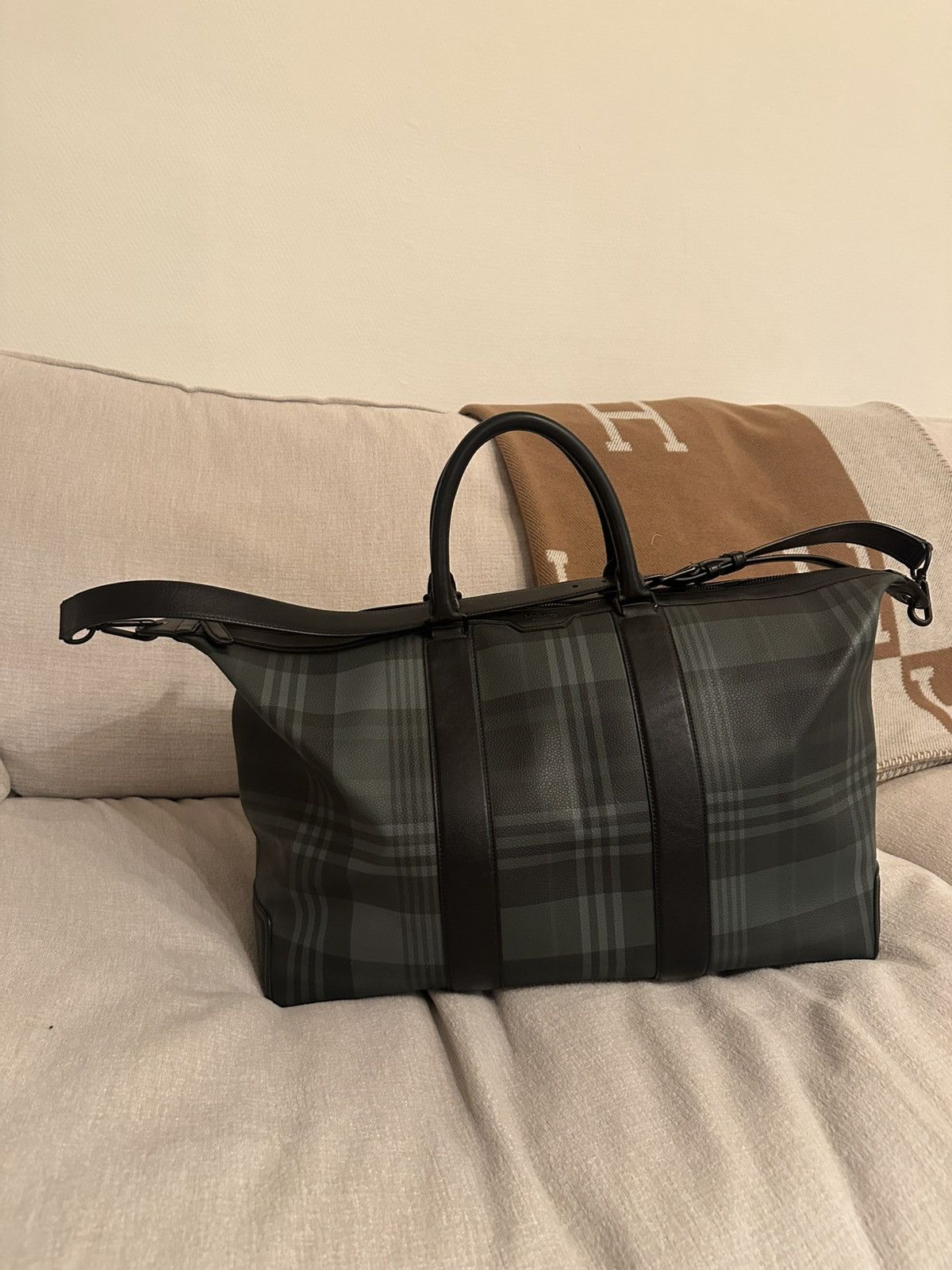 Mulberry Clipper Holdall Green Tartan Travel Bag — Leather