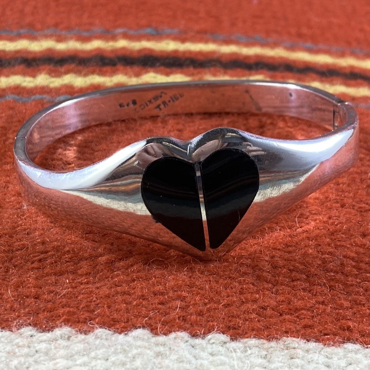 Vintage Vtg 70s Taxco Sterling Silver Onyx Chunky Heart Cuff Grunge Size ONE SIZE - 3 Thumbnail