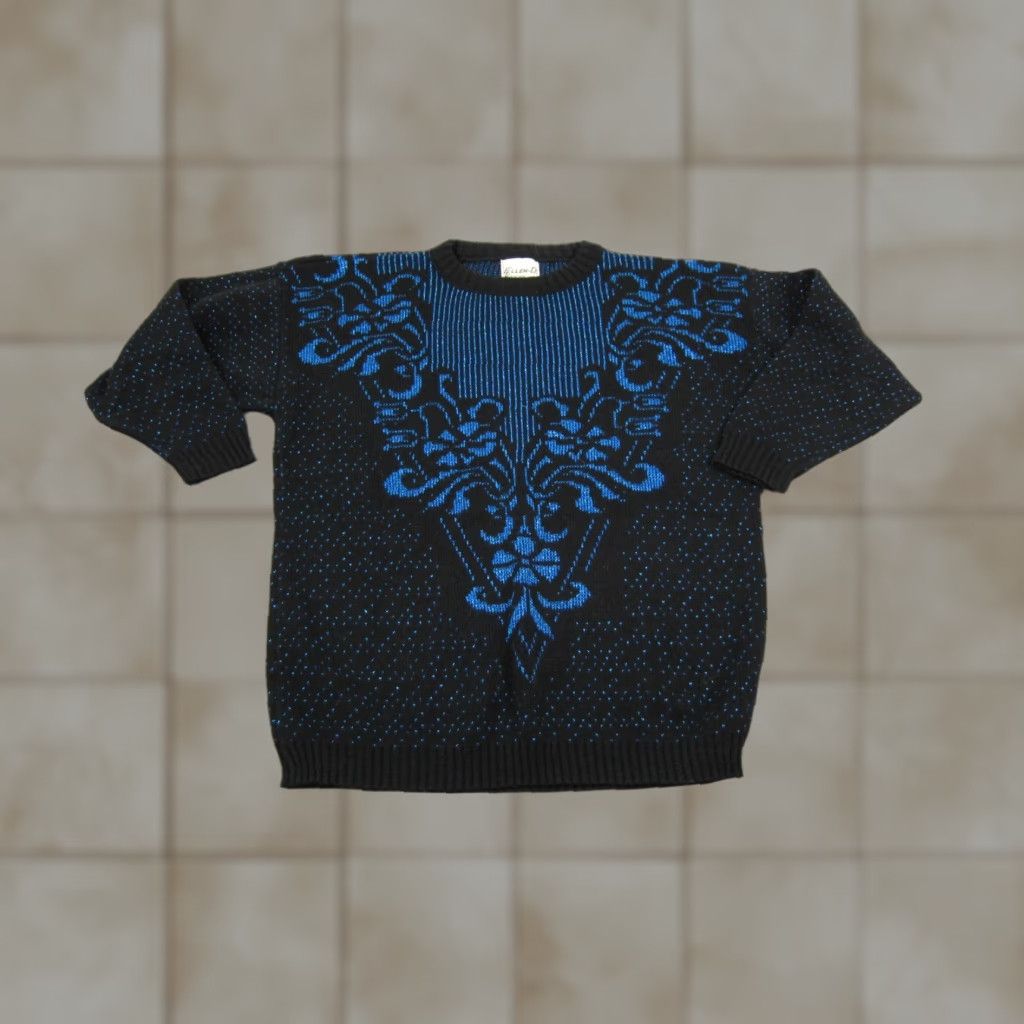 Vintage VINTAGE Ellen D Sweater Womens L Black Blue Baroque Knit 80s 90s Pullover Crew Neck Shiny Knit Shirt Mens Girls Womens Size L / US 10 / IT 46 - 1 Thumbnail