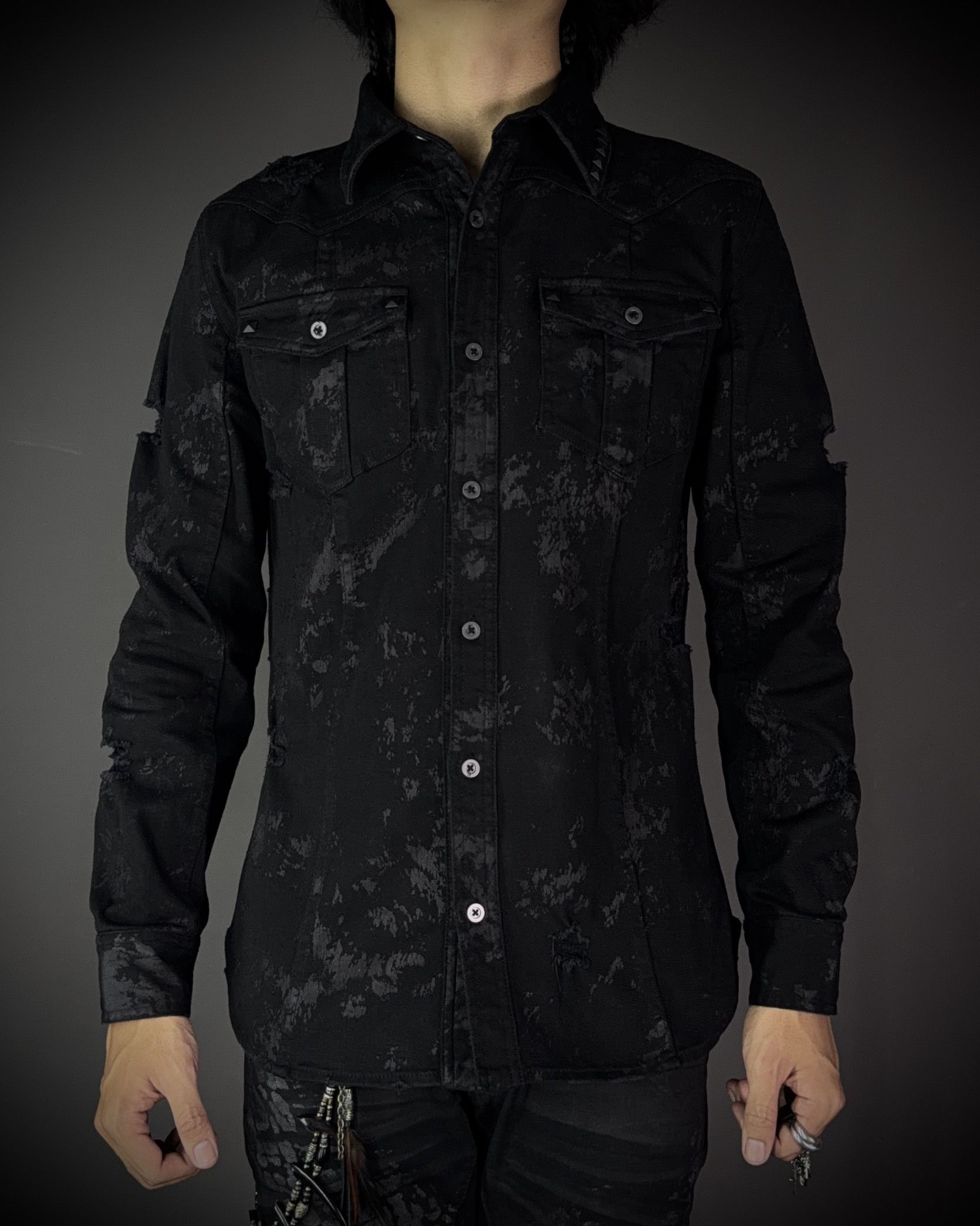 Japanese Brand Xfrm × Jury Black Coated Splatter Studded Shirt Size US L / EU 52-54 / 3 - 1 Thumbnail