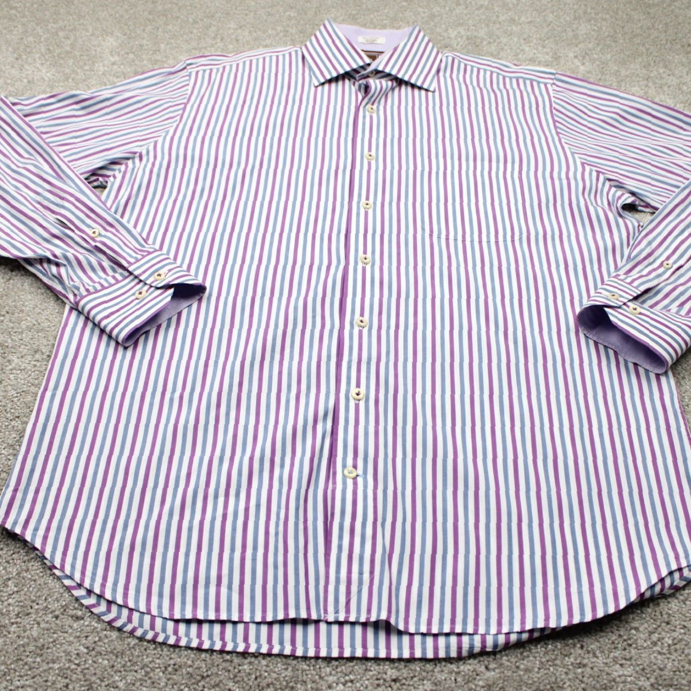 Peter Millar Peter Millar Dress Shirt Mens 16.5 Purple/Blue/White Cotton L/S Button-Down Plaid, Regular Fit Size 46R - 3 Thumbnail