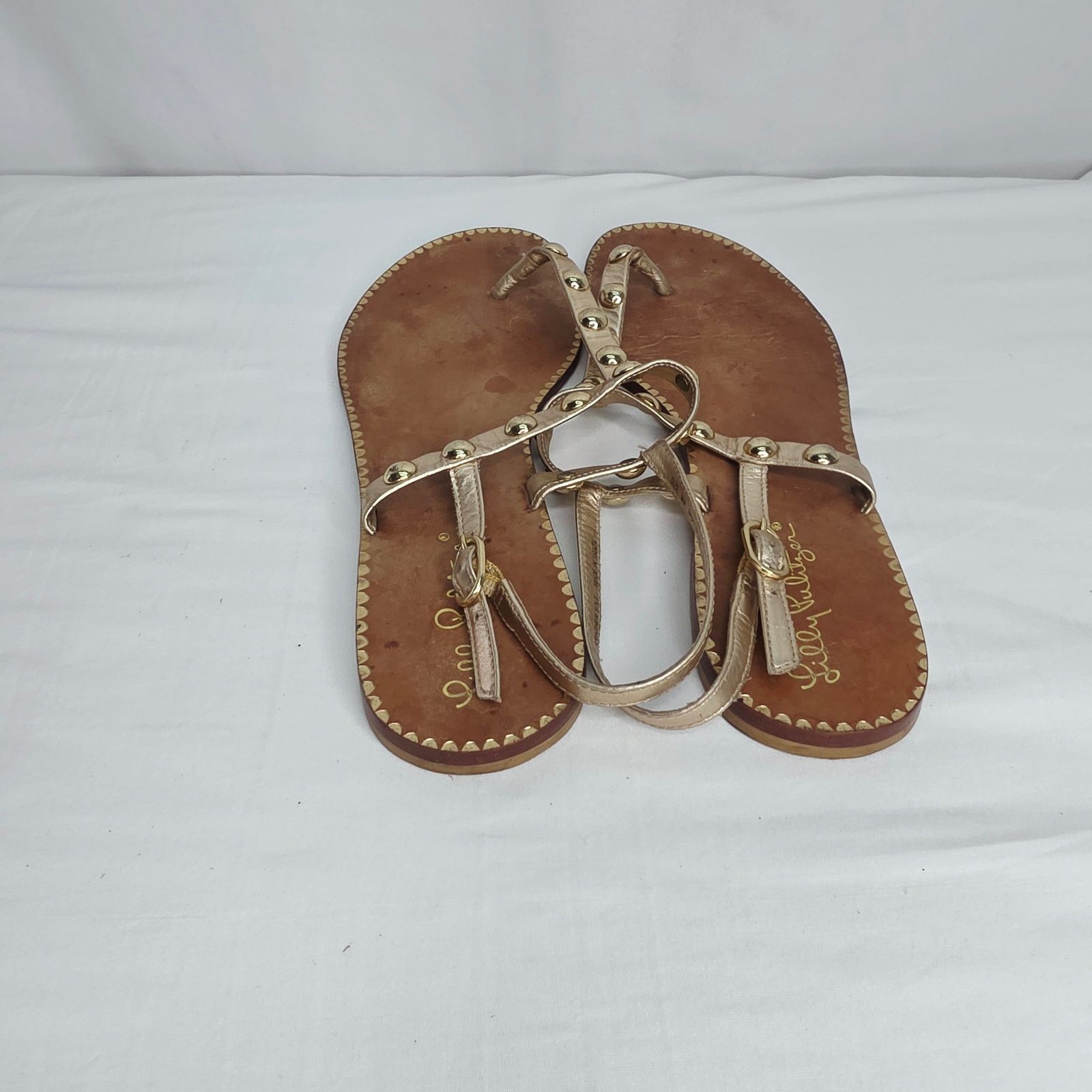 Lilly Pulitzer Lilly Pulitzer Gold Leather Studded Open Toe Strappy Sandal Size US 9 / IT 39 - 5 Thumbnail
