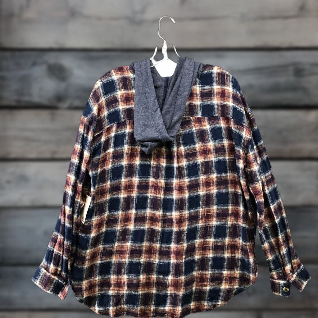 Kohl's NWT Kohl's So Boyfriend Hooded Flannel Shirt Womens Juniors M Blue Relaxed Shirt Size M / US 6-8 / IT 42-44 - 1 Thumbnail