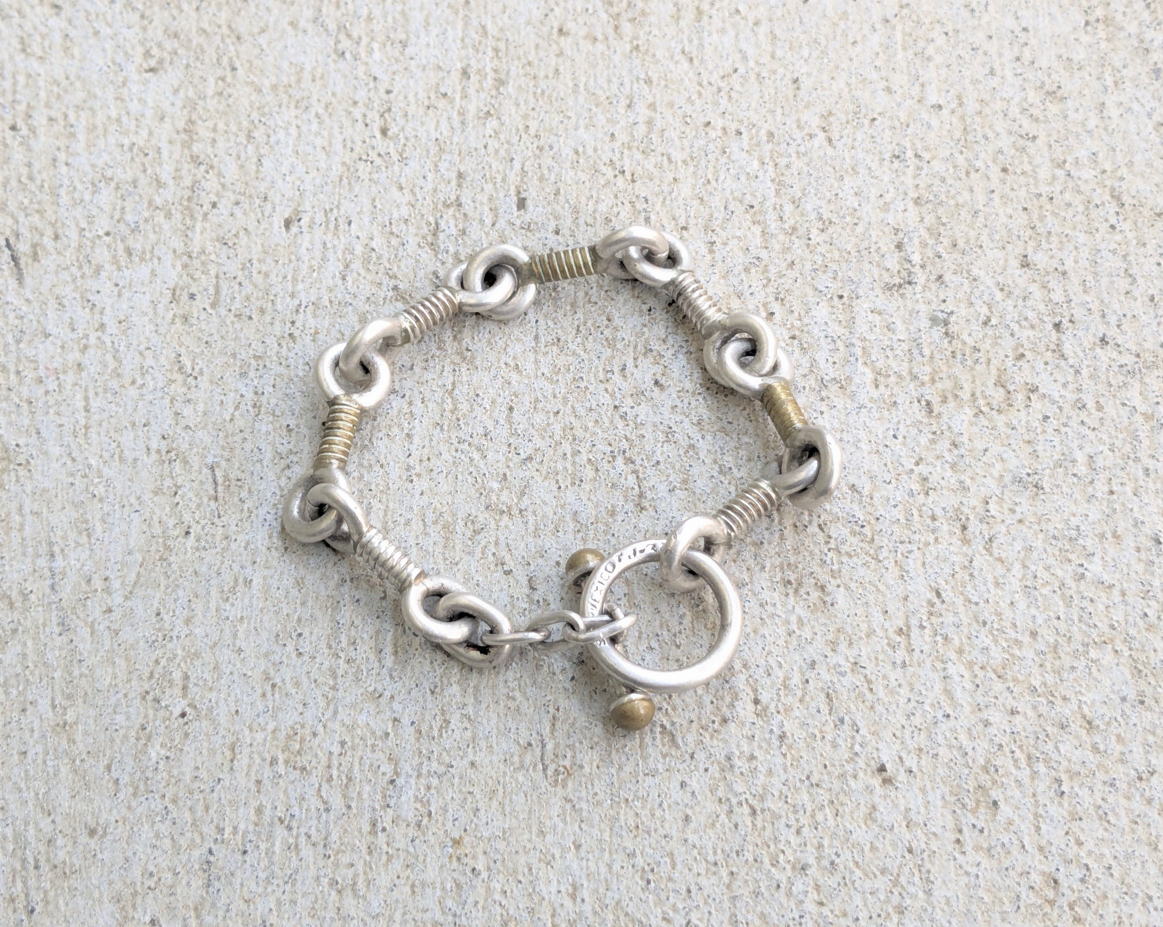 Jewelry x Vintage Taxco Sterling Silver Bracelet Brass Two Tone Mexico in Silver Gray Gold Brass