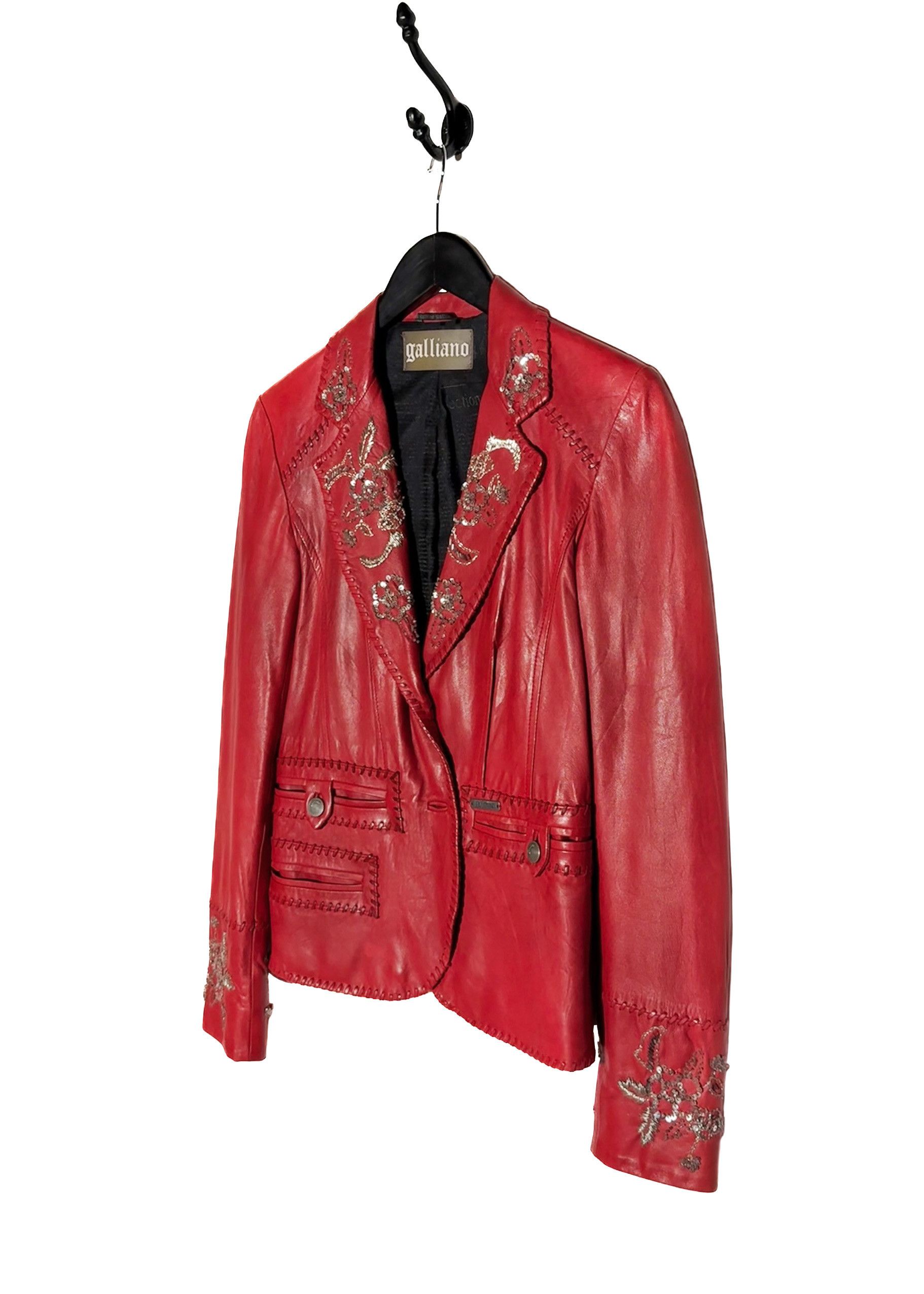 John Galliano Galliano Red Distressed Leather Embellished Blazer Size M / US 6-8 / IT 42-44 - 2 Thumbnail