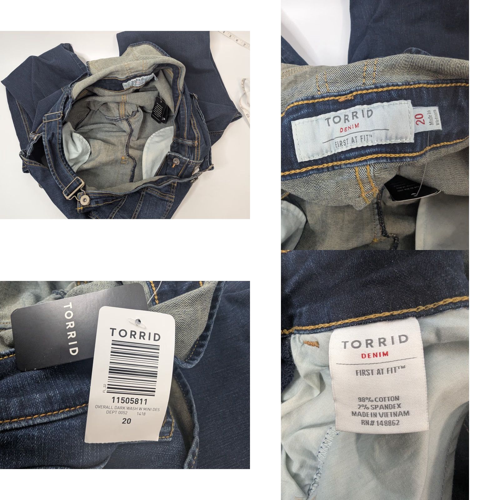 Torrid VINTAGE Torrid Crop Jean Bib Overalls Denim Women's Sz 20 NWT Dark Wash Stretch Denim Buckle Button Pattern: Solid Leather/Belt Loops? Size 42" / US 20 - 9 Thumbnail