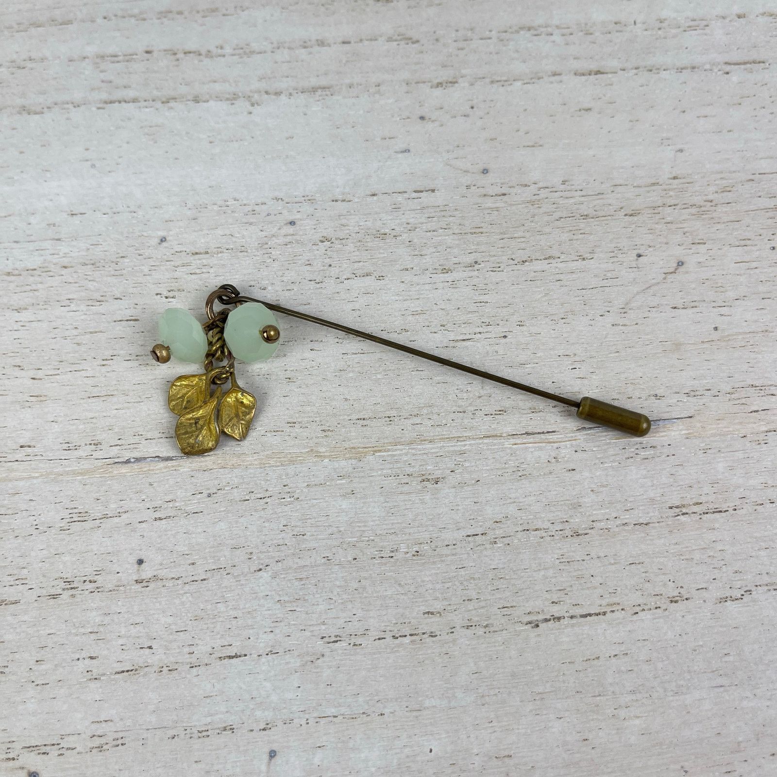 Other Brass Gold Tone Stick Pin Leaves Charm Mint Green Beads Size ONE SIZE - 2 Thumbnail