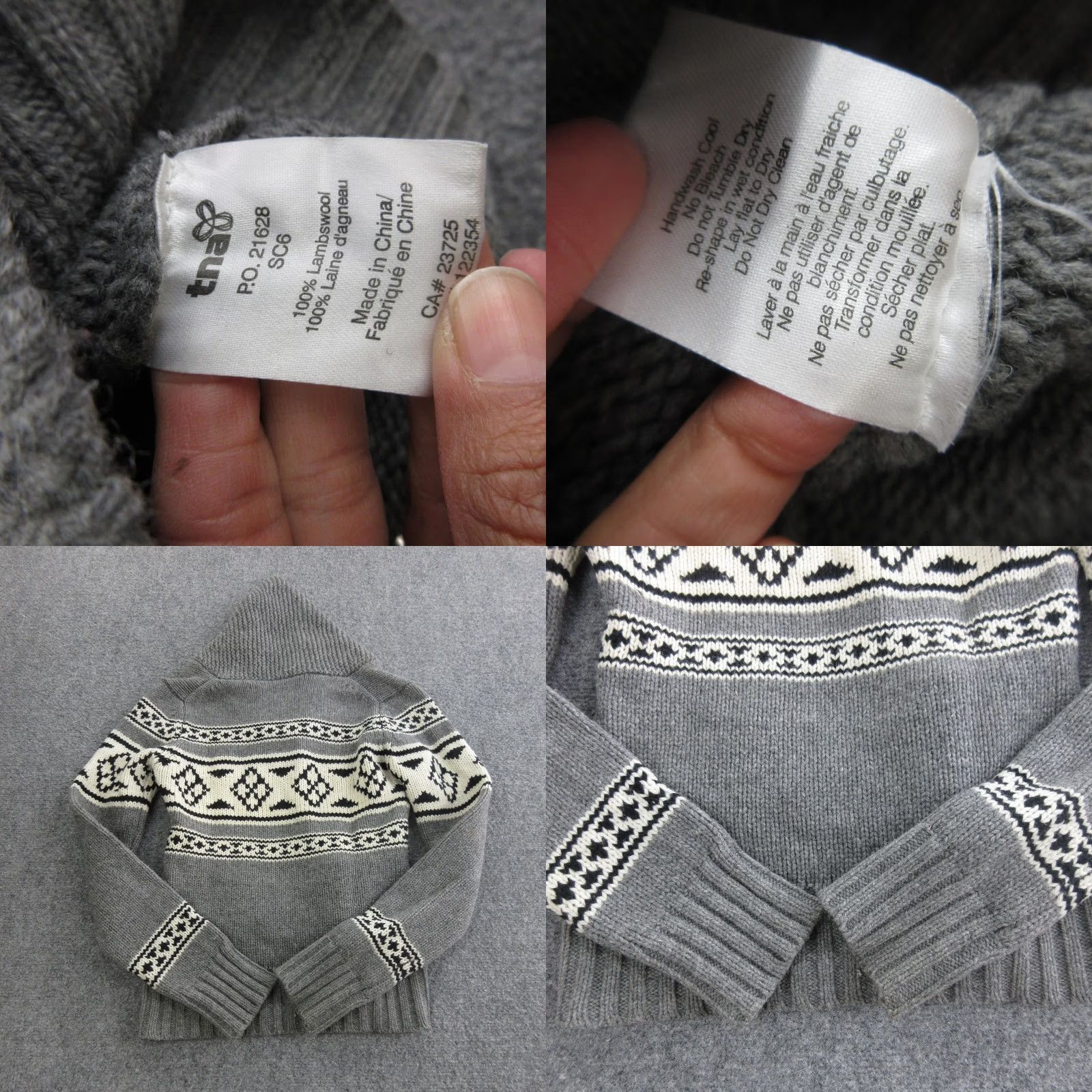 TNA TNA Sweater Womens S Gray 100% Wool Hooded V-Neck Fair Isle Pullover Raglan Knit Pocketed Size S / US 4 / IT 40 - 10 Thumbnail