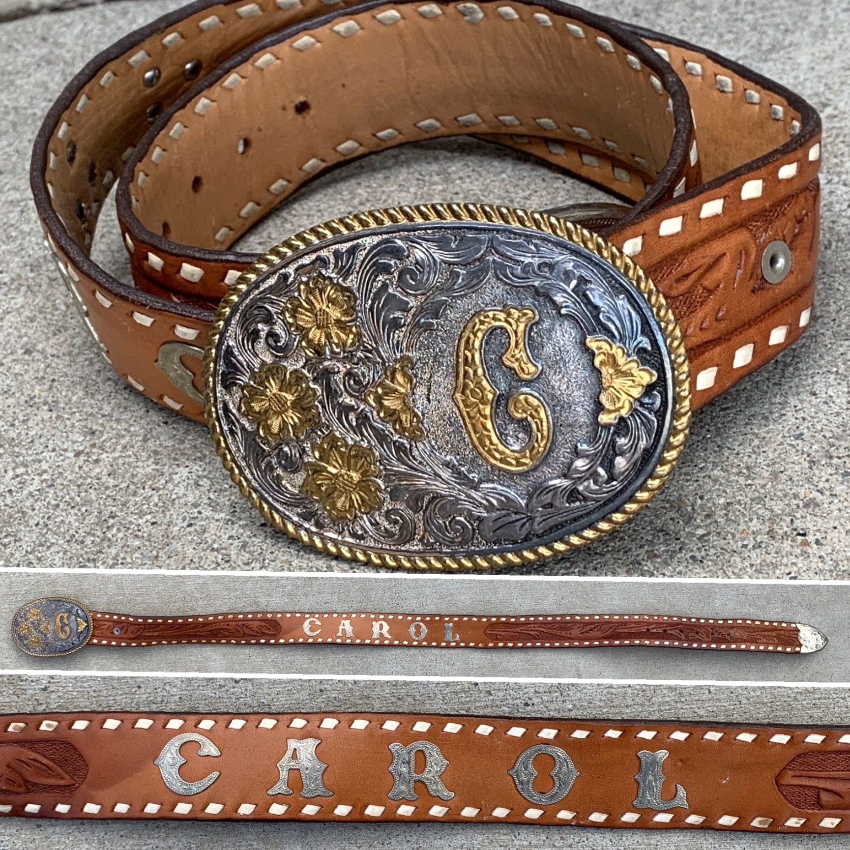 Vintage VINTAGE Tooled Leather Western Belt The Name Carol C Buckle El Arturo Crumrine Belt Size ONE SIZE - 2 Thumbnail