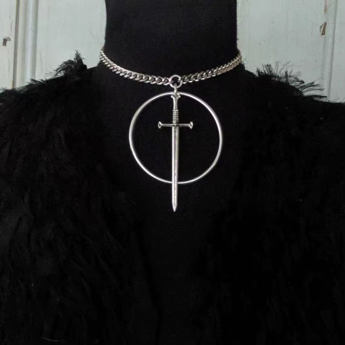 Other Gothic Ancient Silver Choker Chain Sword Pendant Necklace Size ONE SIZE - 1 Thumbnail