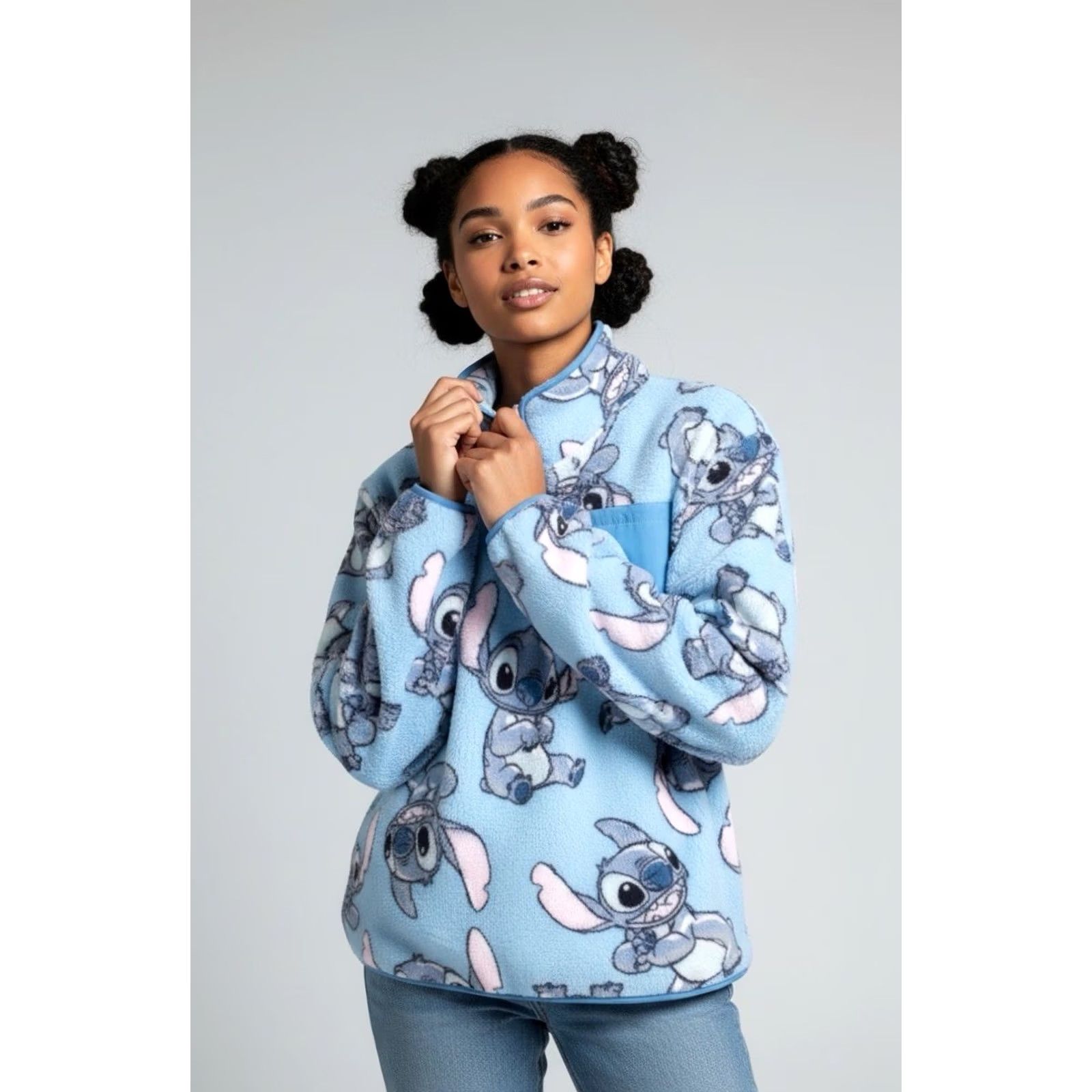 Disney Disney Lilo & Stitch Women Blue Stitch Cute Pose 1/4 Zip Fleece Sweatshirt S Size S / US 4 / IT 40 - 2 Thumbnail