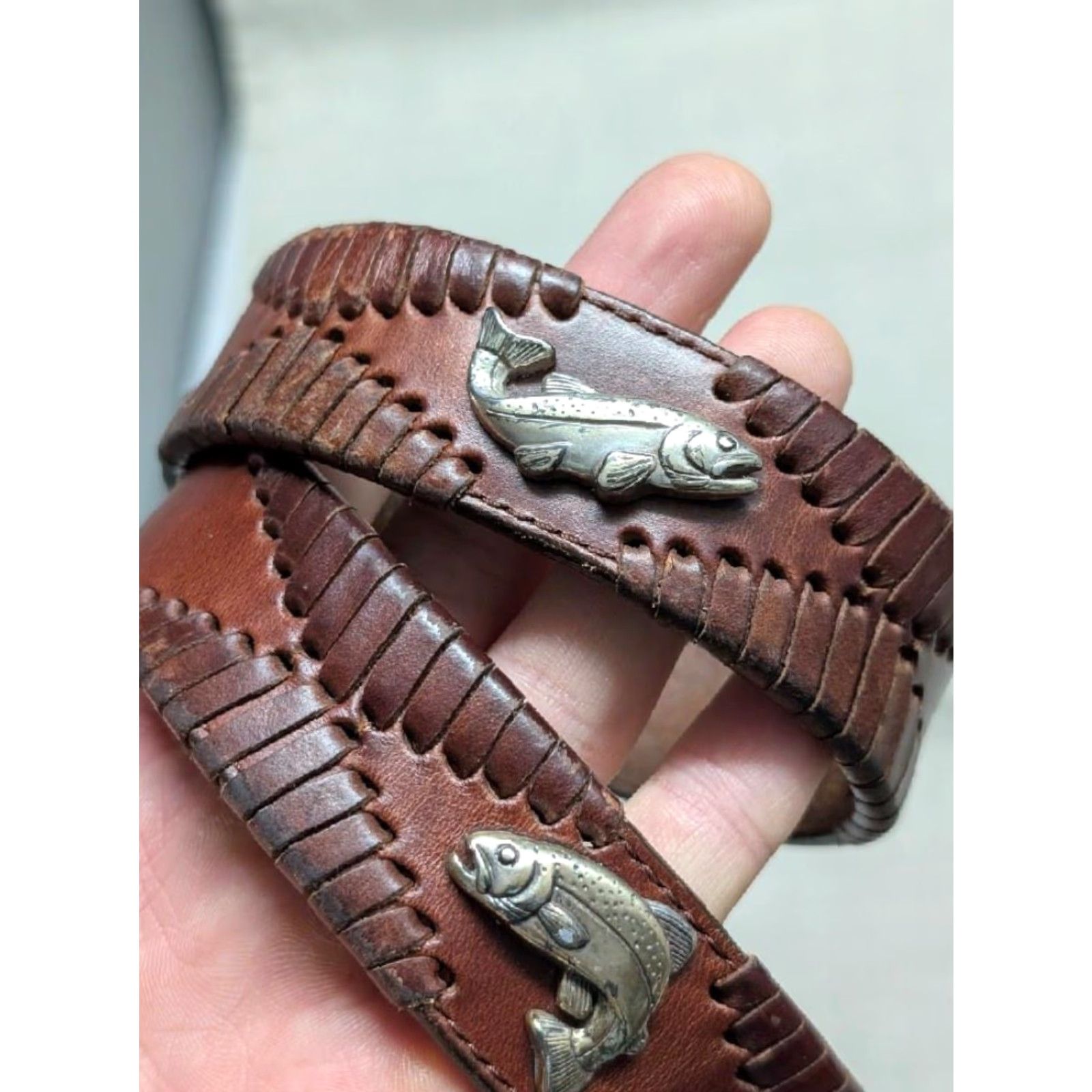 Brighton VINTAGE Brighton leather belt Fisherman brown 42 Mens Belt width 1-1/8" 40-42 Ivy League Concho PREPPY golf FLY FISHING Size 42 - 2 Thumbnail
