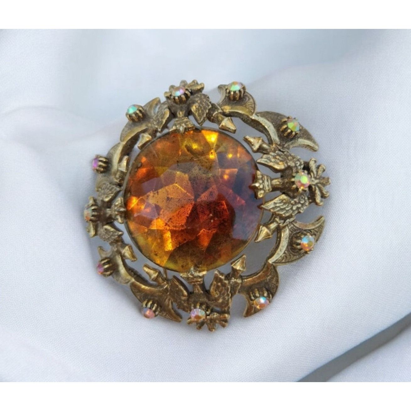 Vintage Florenza Brooch Cognac Faceted Glass AB Stones Coat Arms Pen Size ONE SIZE - 22 Thumbnail