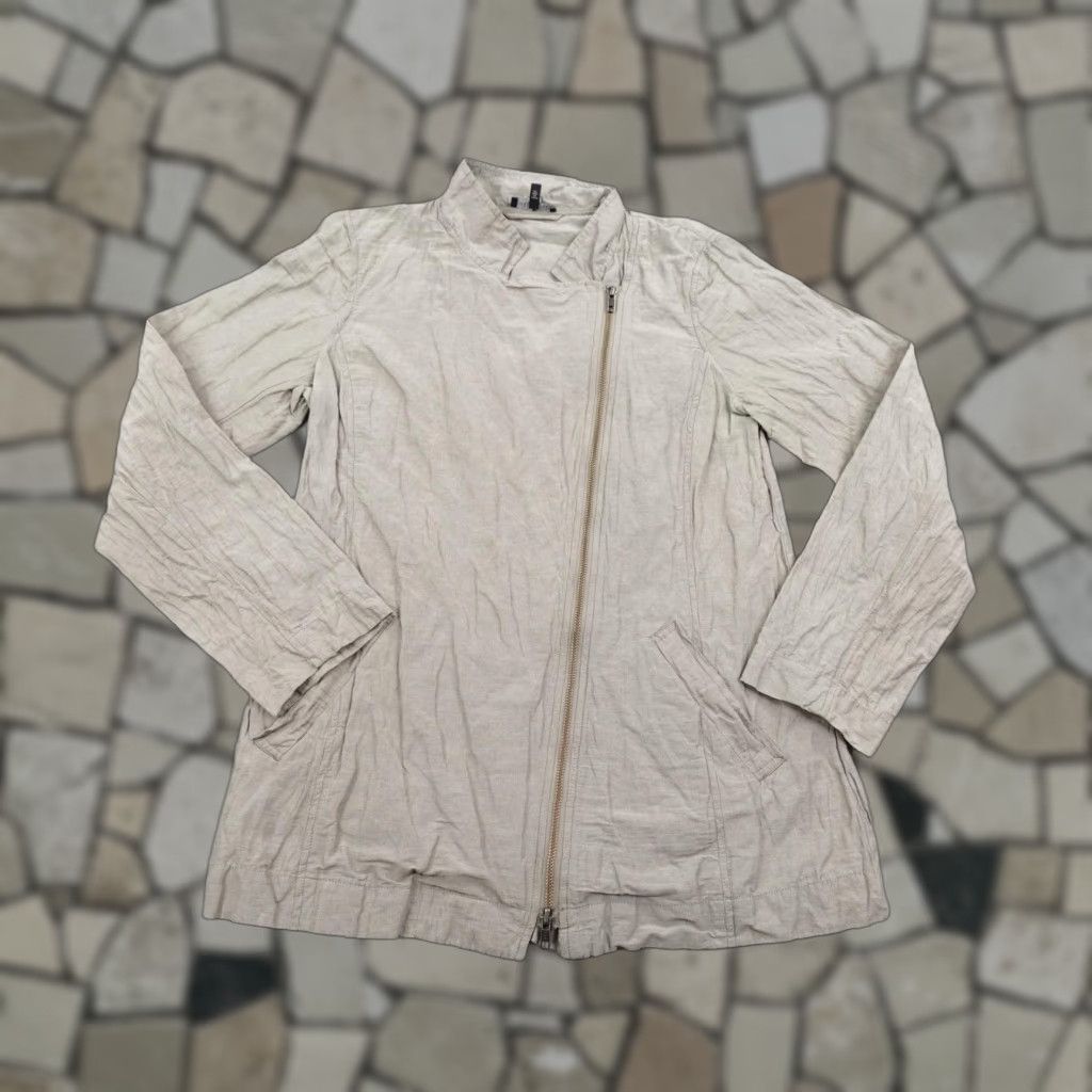 Eileen Fisher Jacket Womens M Gray Asymmetrical Full Zip Lightweight Collared Pockets Mid-Length