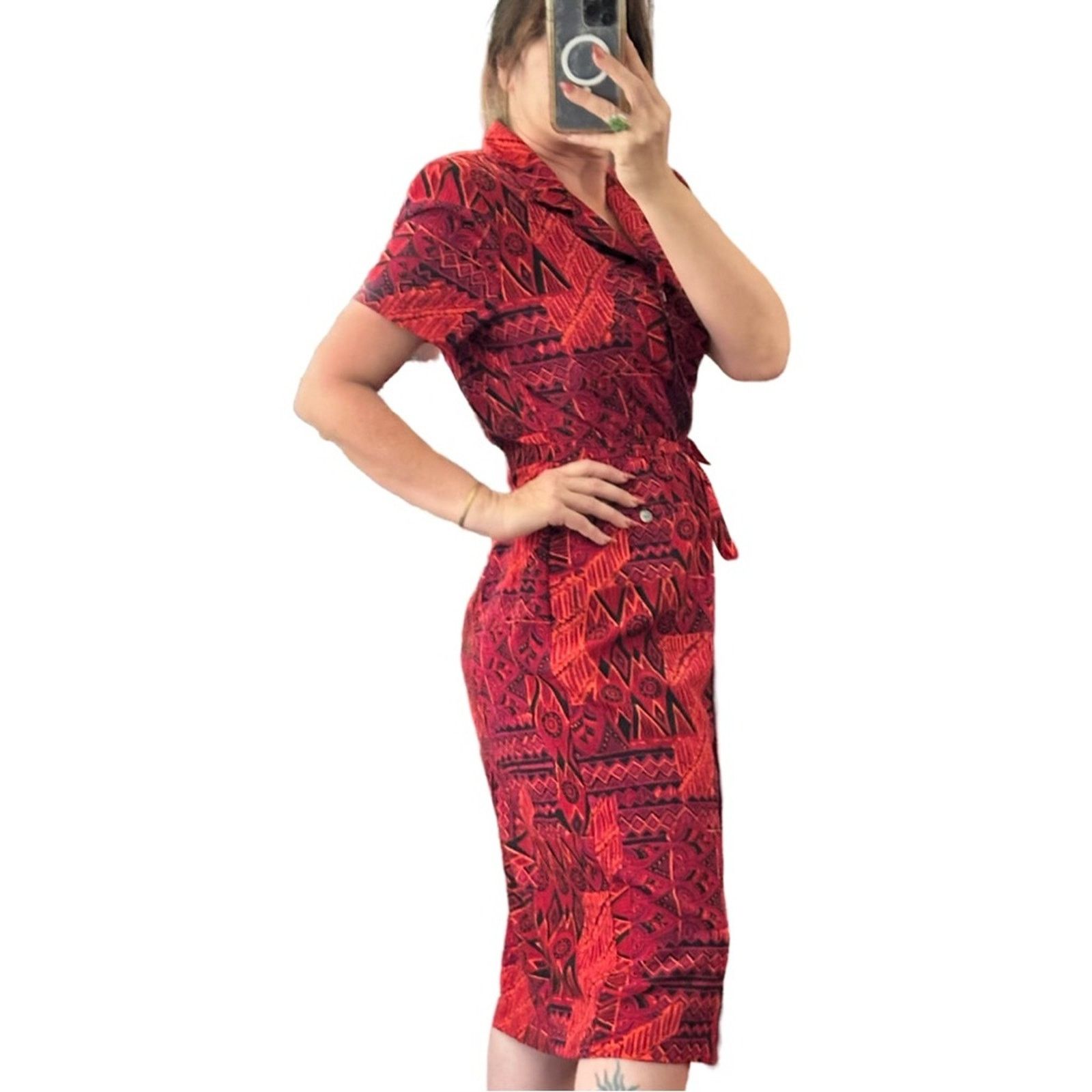 Other Vintage 90’s Red Abstract Lined Button Up Midi Dress Size XL / US 12-14 / IT 48-50 - 2 Thumbnail