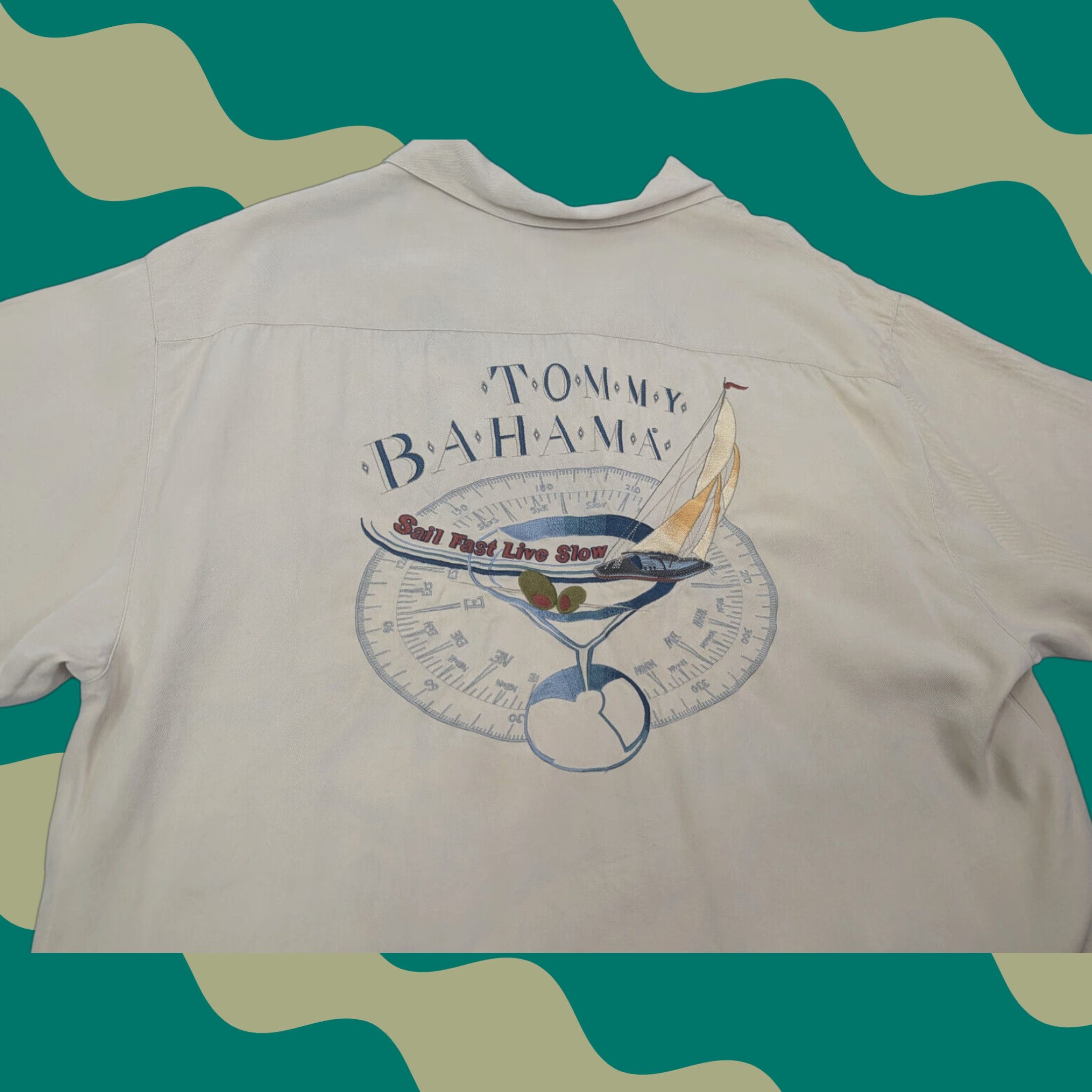 Tommy Bahama VINTAGE Tommy Bahama Shirt Men's XL Embroidered Sail Fast Live Slow 100% Silk Hawaiian Beach Nautical Shirt Size US XL / EU 56 / 4 - 1 Thumbnail