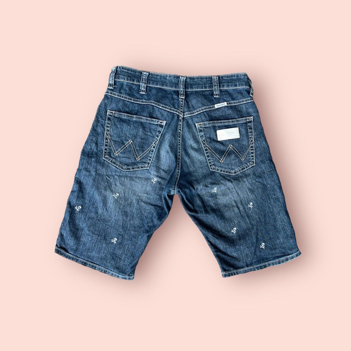 image of Vintage Wrangler Skull Embroidered Denim Shorts in Blue Denim, Men's (Size 28)