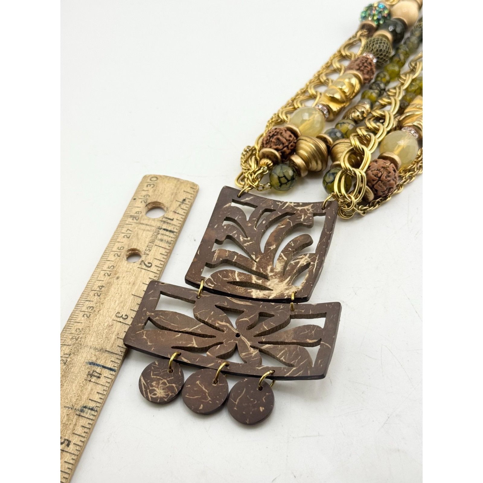 Vintage Vintage multi strand green glass beaded bamboo wood pendant Size ONE SIZE - 6 Thumbnail