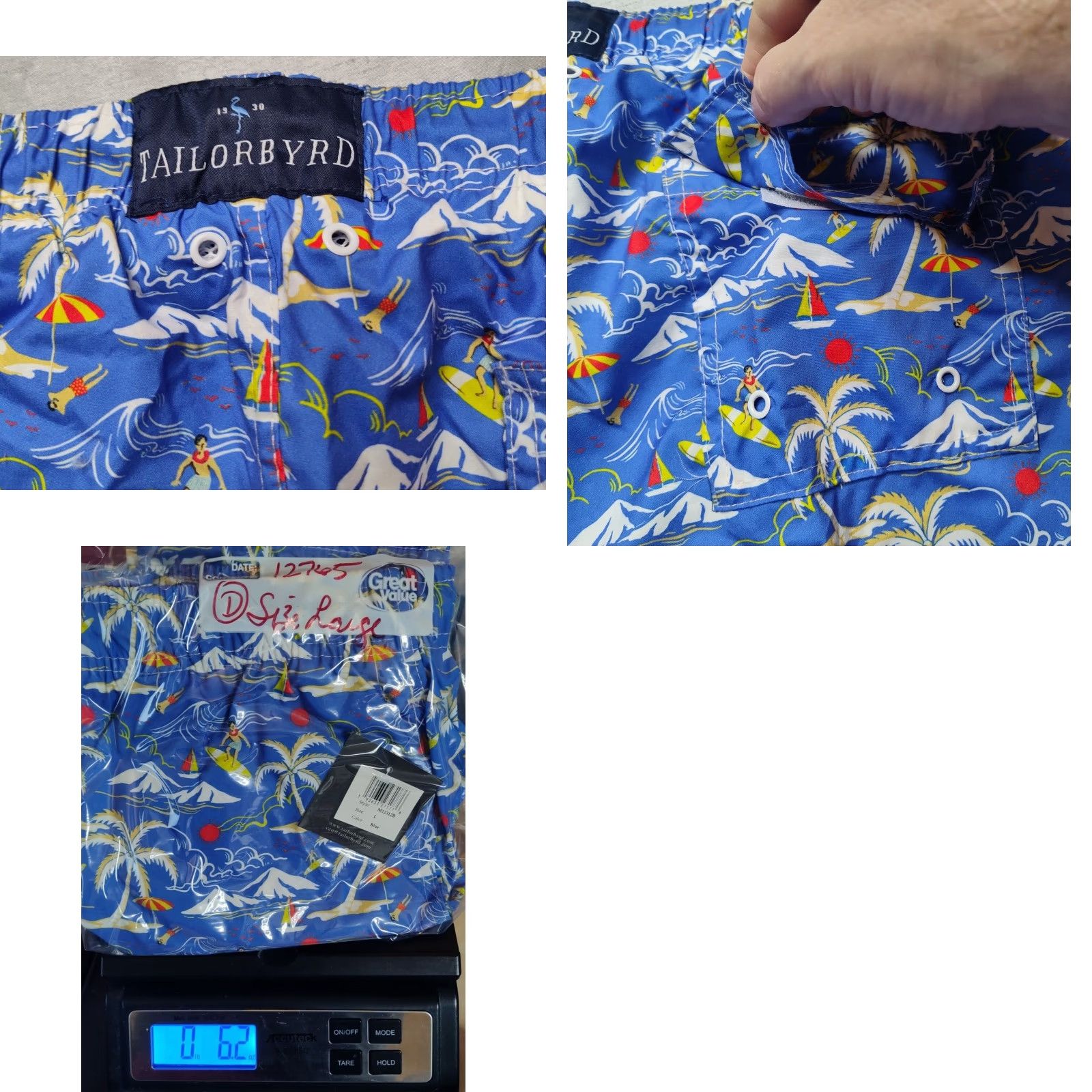 Tailorbyrd TAILORBYRD Men Large Blue Hawaiian Surfer Print 7" Swim Shorts Lined NEW Size US 33 - 9 Thumbnail