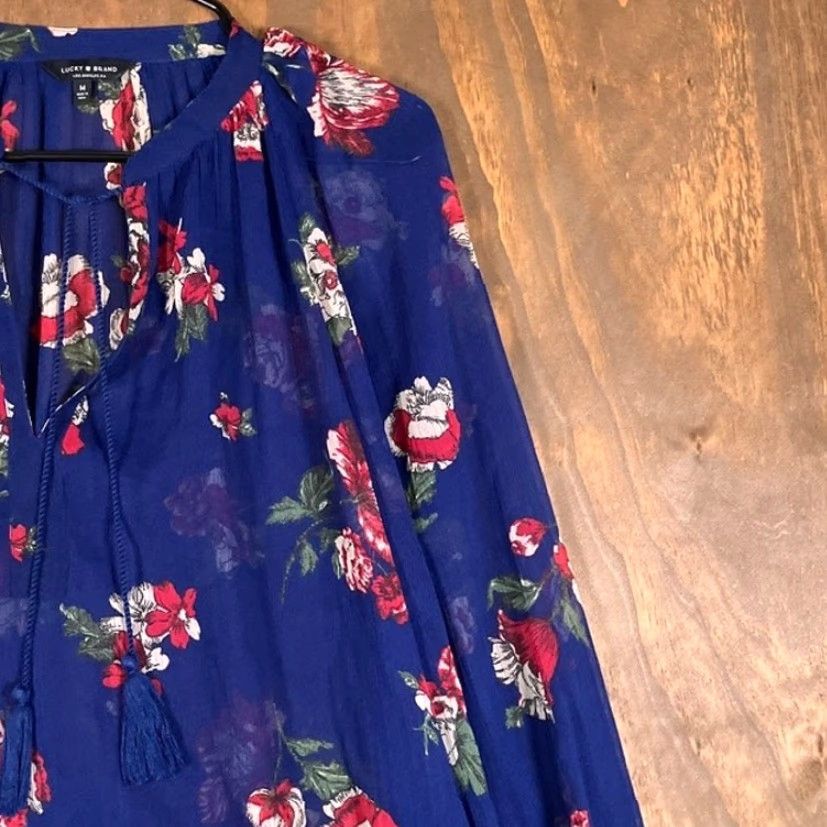 Lucky Brand Lucky Brand Womens Blouse Blue Floral Sheer V-Neck Front Tie Long Sleeve Medium Shirt Womens Blouse Boho Floral Blue 90s? Size M / US 6-8 / IT 42-44 - 5 Thumbnail
