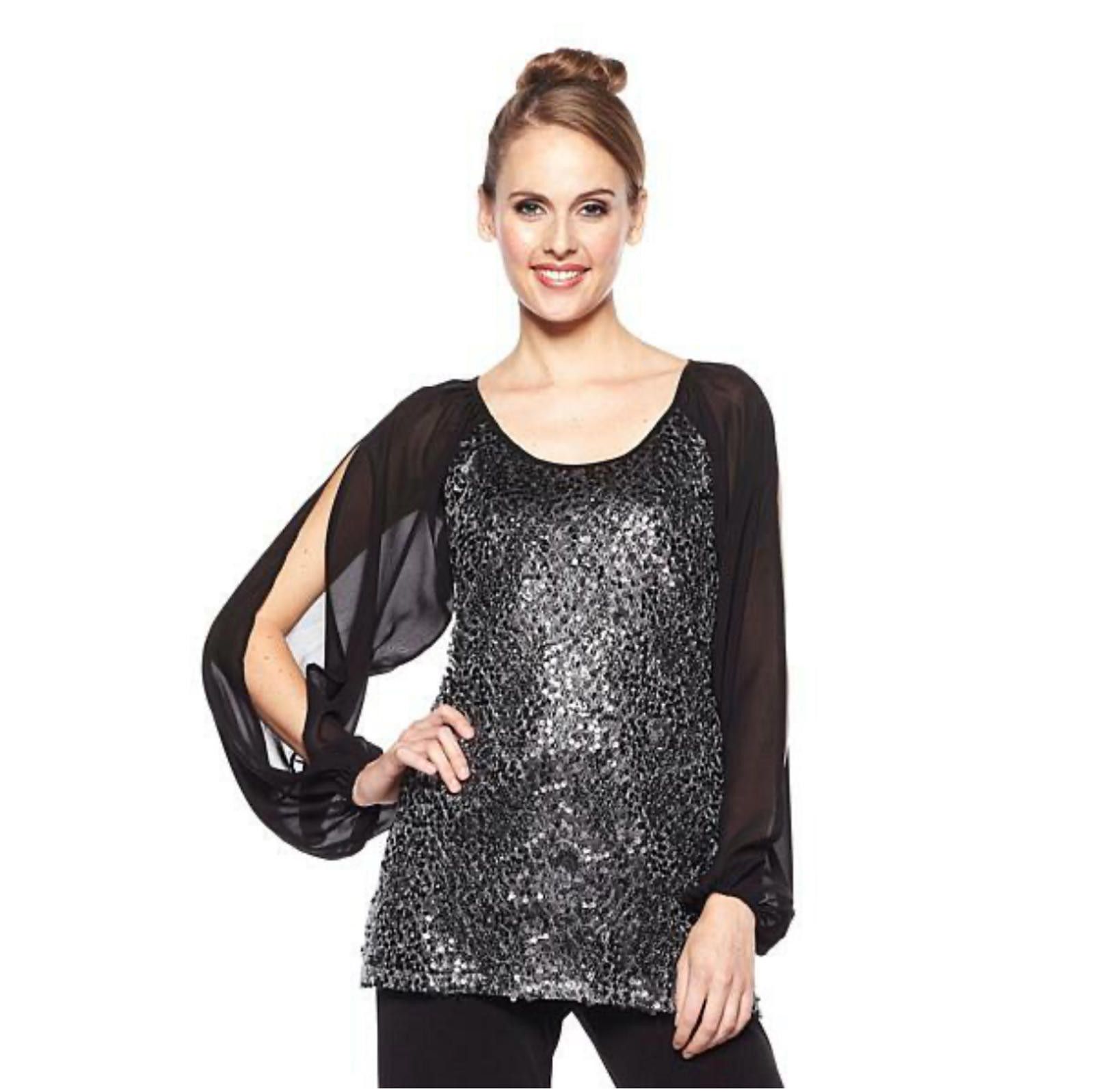 Other Badgley Mishka Navy Sequin and Chiffon Sleeve Blouse Size M / US 6-8 / IT 42-44 - 1 Thumbnail