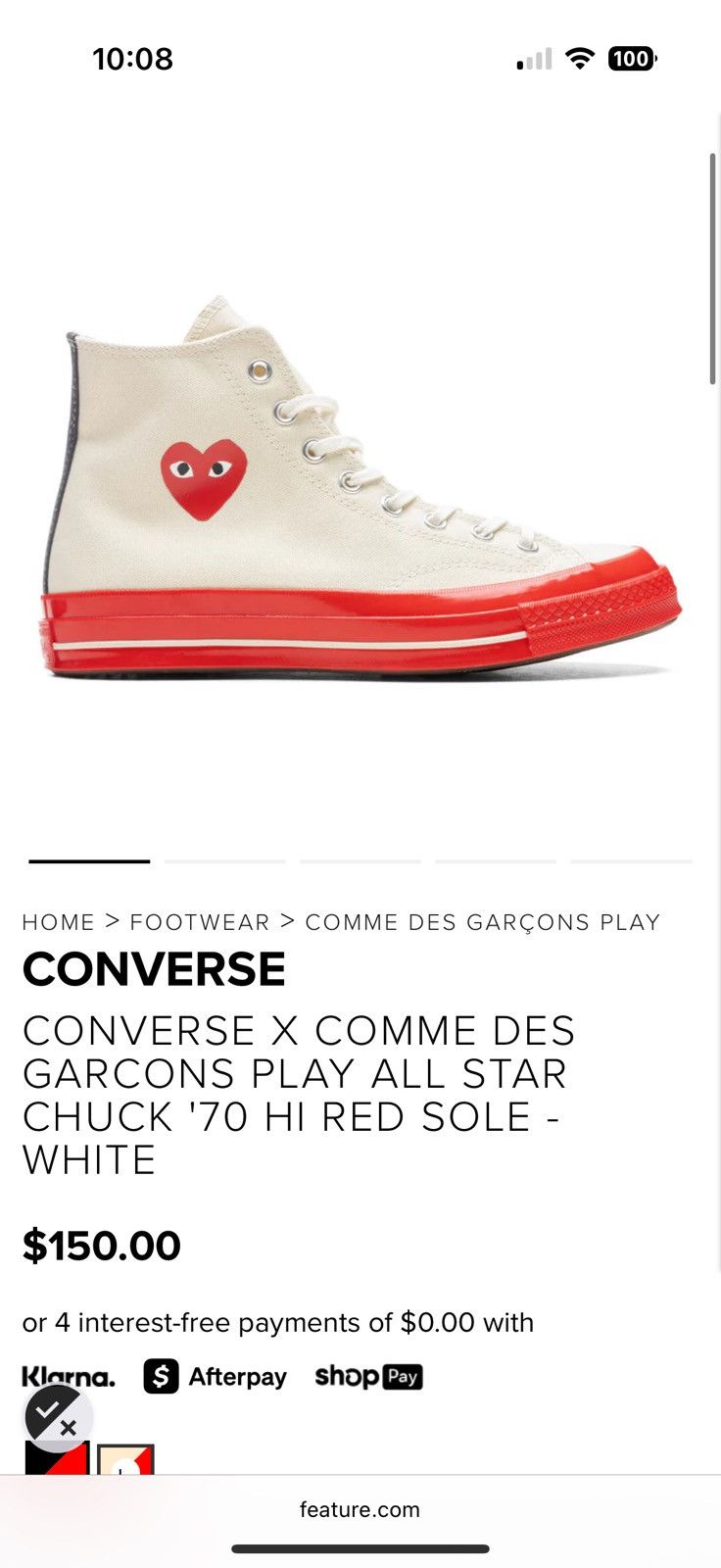 Comme des Garcons × Converse CDG Play Chuck 70 Hi Top milk white & red shoes Size US 9 / EU 42 - 7 Thumbnail