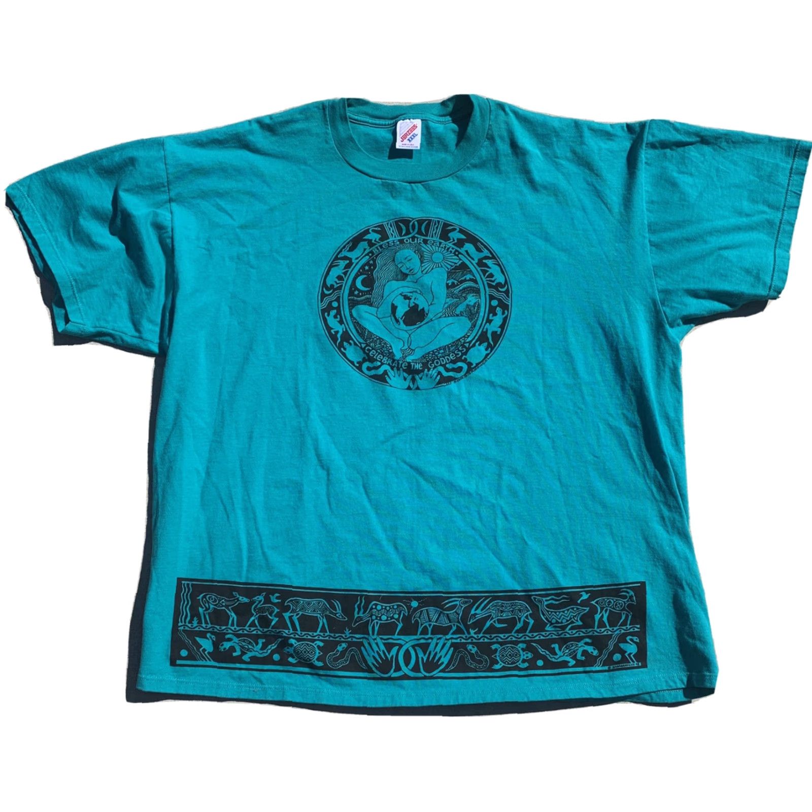 Jerzees VINTAGE Jerzees T-Shirt Unisex Adults 3XL Green Graphic Print 80s 90s Nature Animals Goddess Bless Our Earth Size US XXL / EU 58 / 5 - 7 Thumbnail