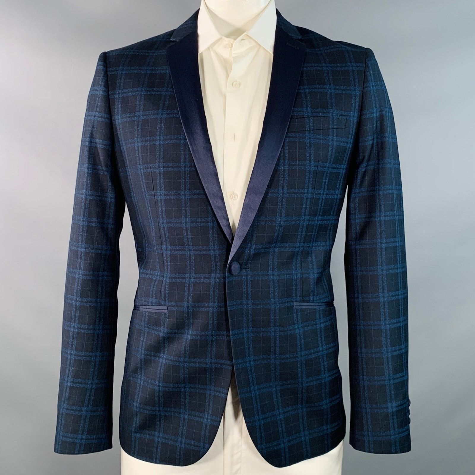 Farah Navy Blue Plaid Polyester Blend Slim Fit Sport Coat Size 42R - 1 Thumbnail