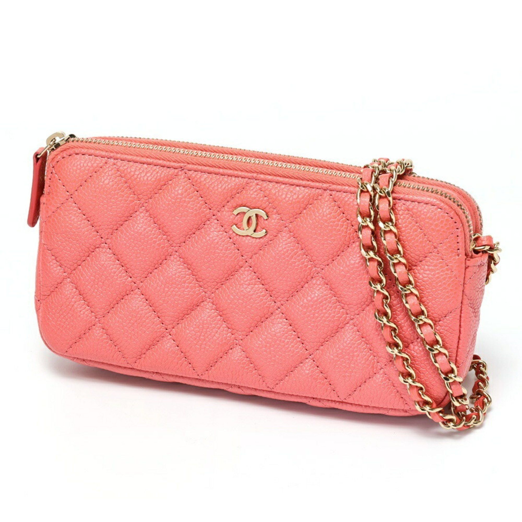 Chanel Matelasse Chain Wallet Shoulder Bag A82527 Caviar Skin Pink 70158, Women's
