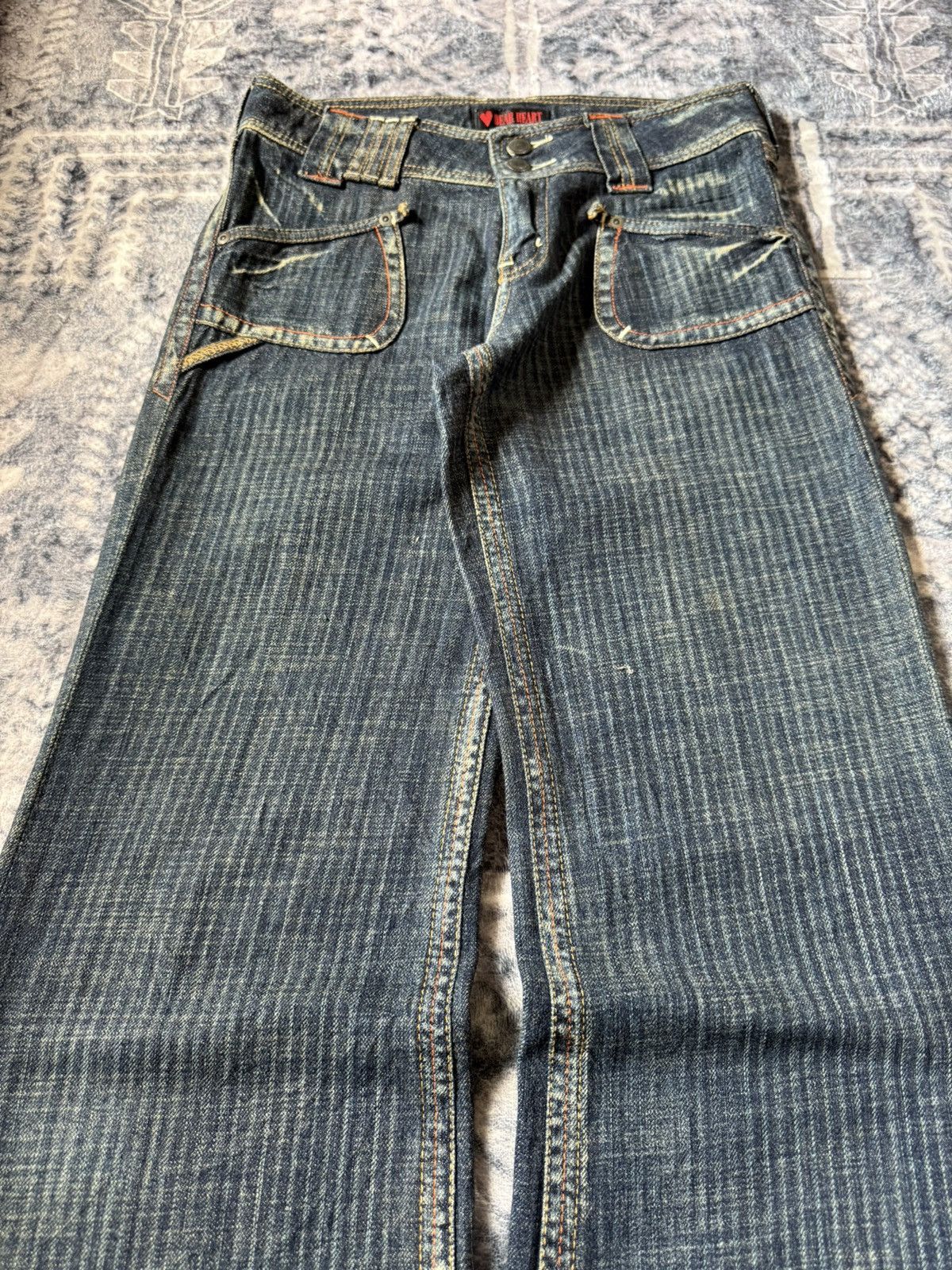 Le Grande Bleu (L.G.B.) Dear Heart Railroad Pinstripe Fade Flared Wide Leg Jeans Size US 28 / EU 44 - 3 Thumbnail