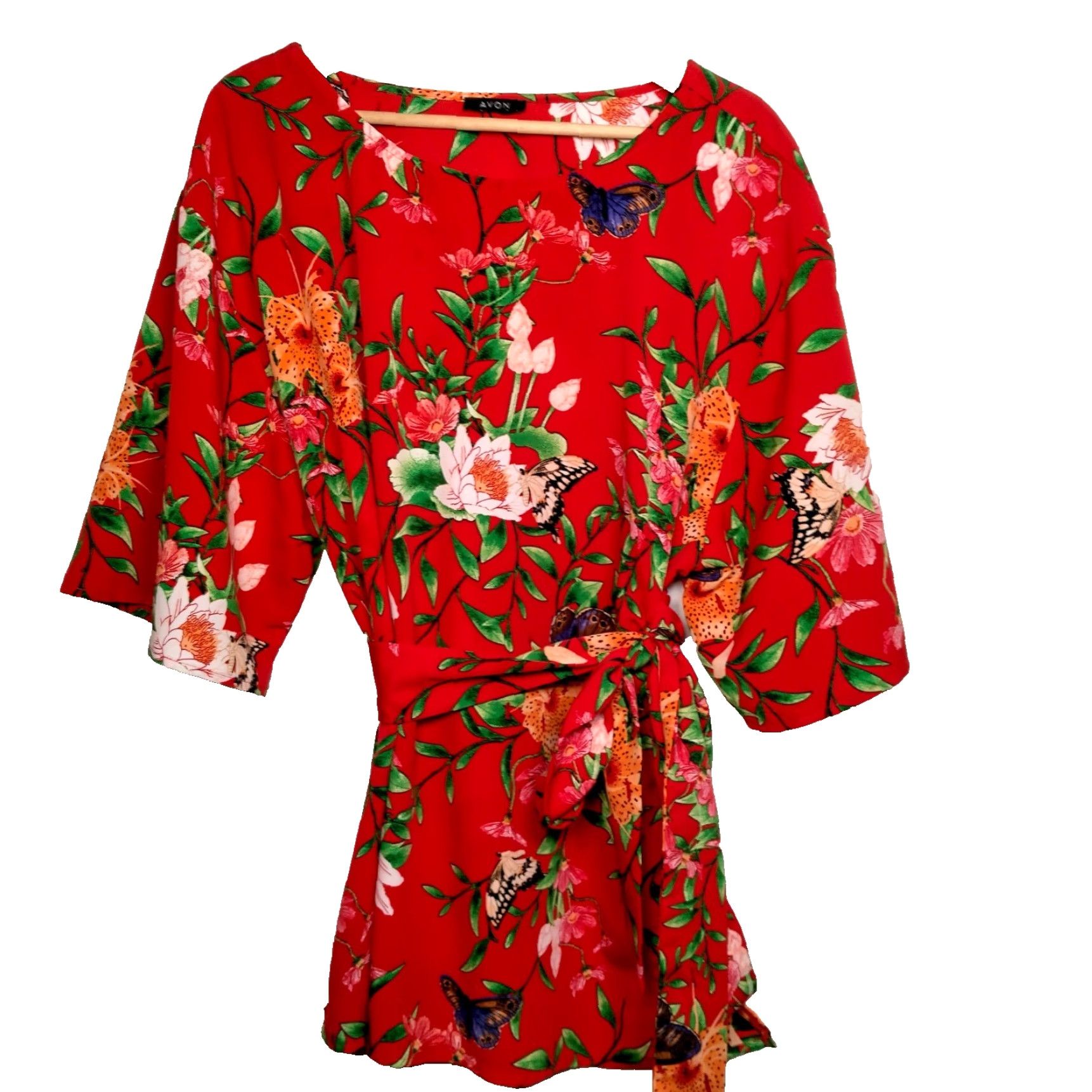 Vintage Avon Blouse Shirt Women XL Red Butterfly Floral Belted Tunic Top Size XL / US 12-14 / IT 48-50 - 2 Thumbnail