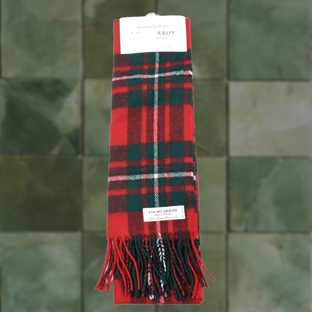 Vintage LOCHARRON Macgregor Clan Modern Scarf Red Green Plaid 100% Lambswool Scotland Unisex Wool Fringe Knit Scarf Size ONE SIZE - 1 Thumbnail