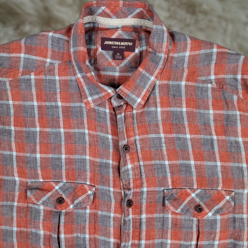 Johnston & Murphy VINTAGE Johnston & Murphy Linen Gray Plaid Long Sleeve Button-Up Shirt Size XL Casual Outdoors Mens Size US XL / EU 56 / 4 - 1 Thumbnail