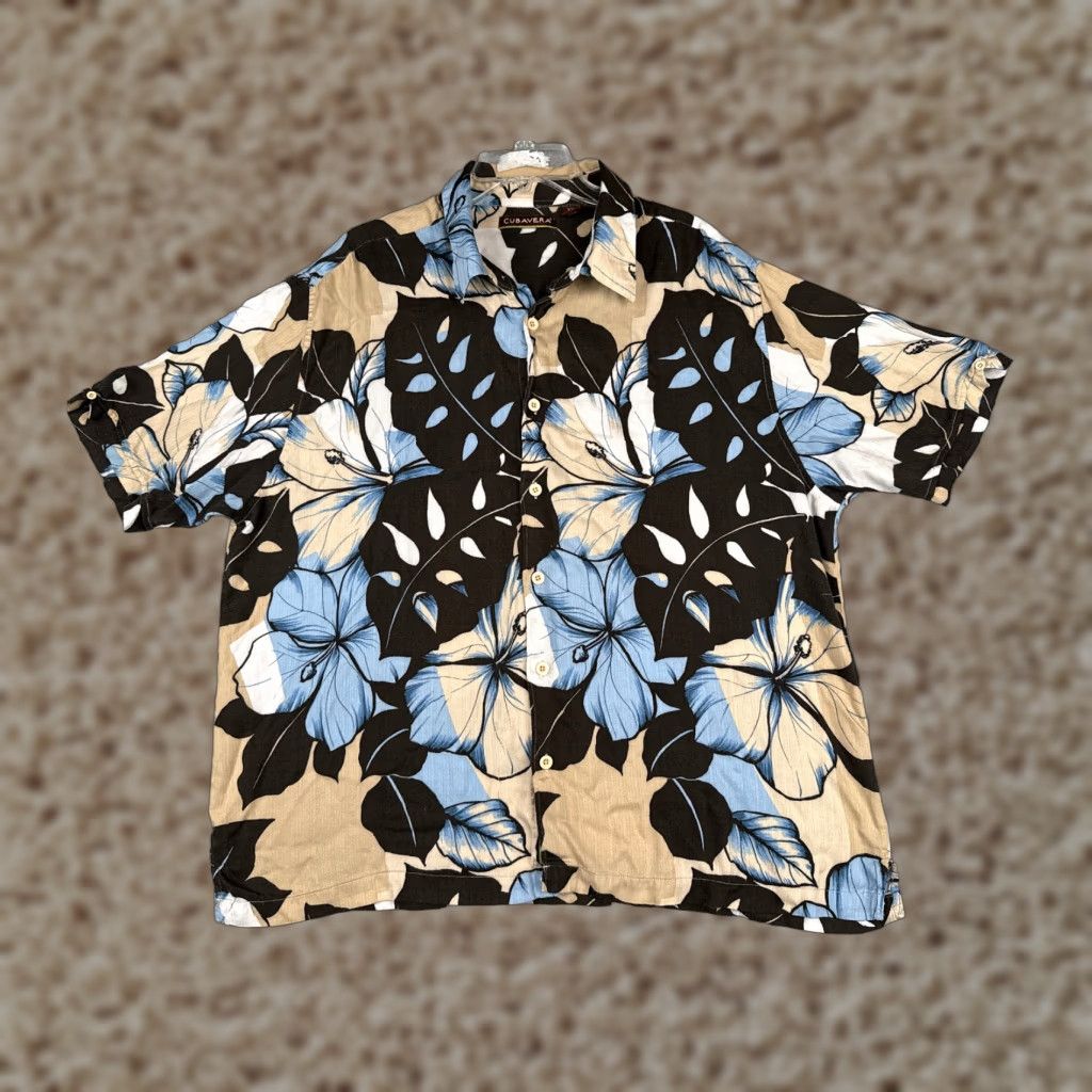 Cubavera CUBAVERA Shirt Men 2XL Floral Hawaiian Button Short Sleeve Rayon Beige Blue Casual Travel 90s? Wait. Size US XXL / EU 58 / 5 - 1 Thumbnail