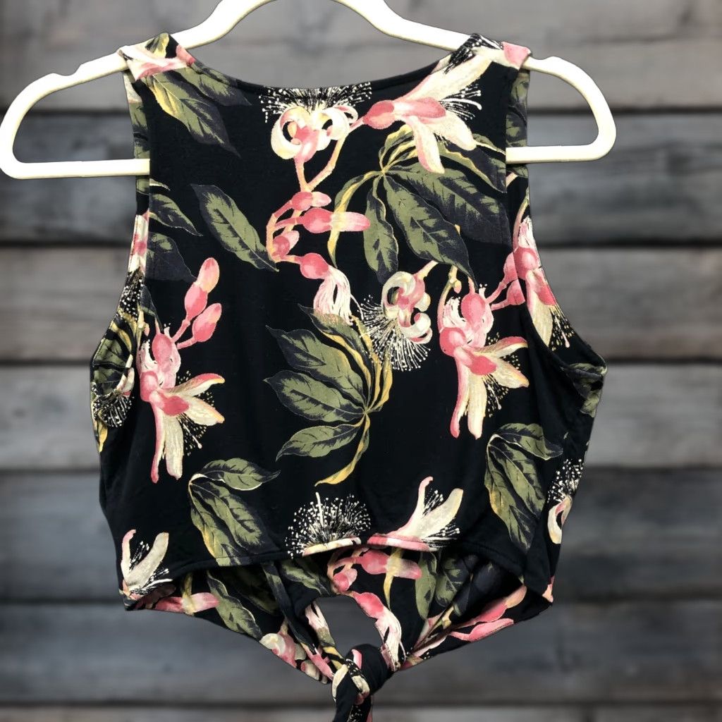 Aritzia Aritzia Babaton Tie Front Crop Top Womens S Black Palm Tropical Sleeveless Tank Size S / US 4 / IT 40 - 1 Thumbnail