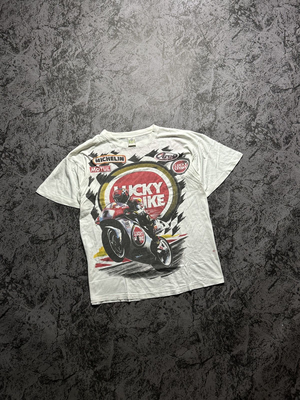 image of Vintage 90's Lucky Strike Suzuki Racing Tee Moto Logo in White, Men's (Size XL)