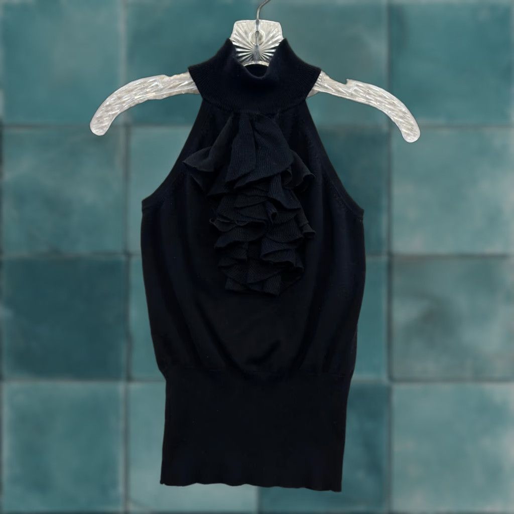 Express VINTAGE Y2K High Neck Top Small Black Knit Ruffle Sleeveless Career Office Express Shirt Women? Size S / US 4 / IT 40 - 1 Thumbnail