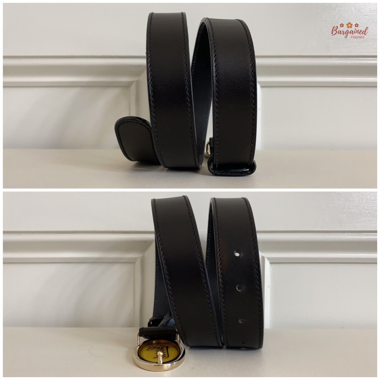 Gucci GUCCI Black Calfskin Leather Gold Script Oval Buckle Belt Size 32 - 4 Thumbnail
