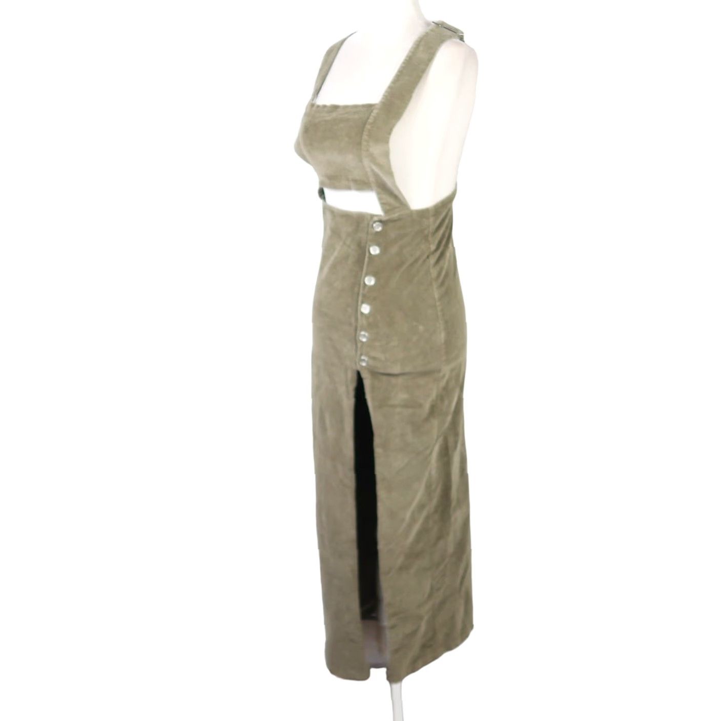 Nightwalker olive green corduroy jumper overall pinafore midi dress XS  Women Sleeveless Button Front High Slit