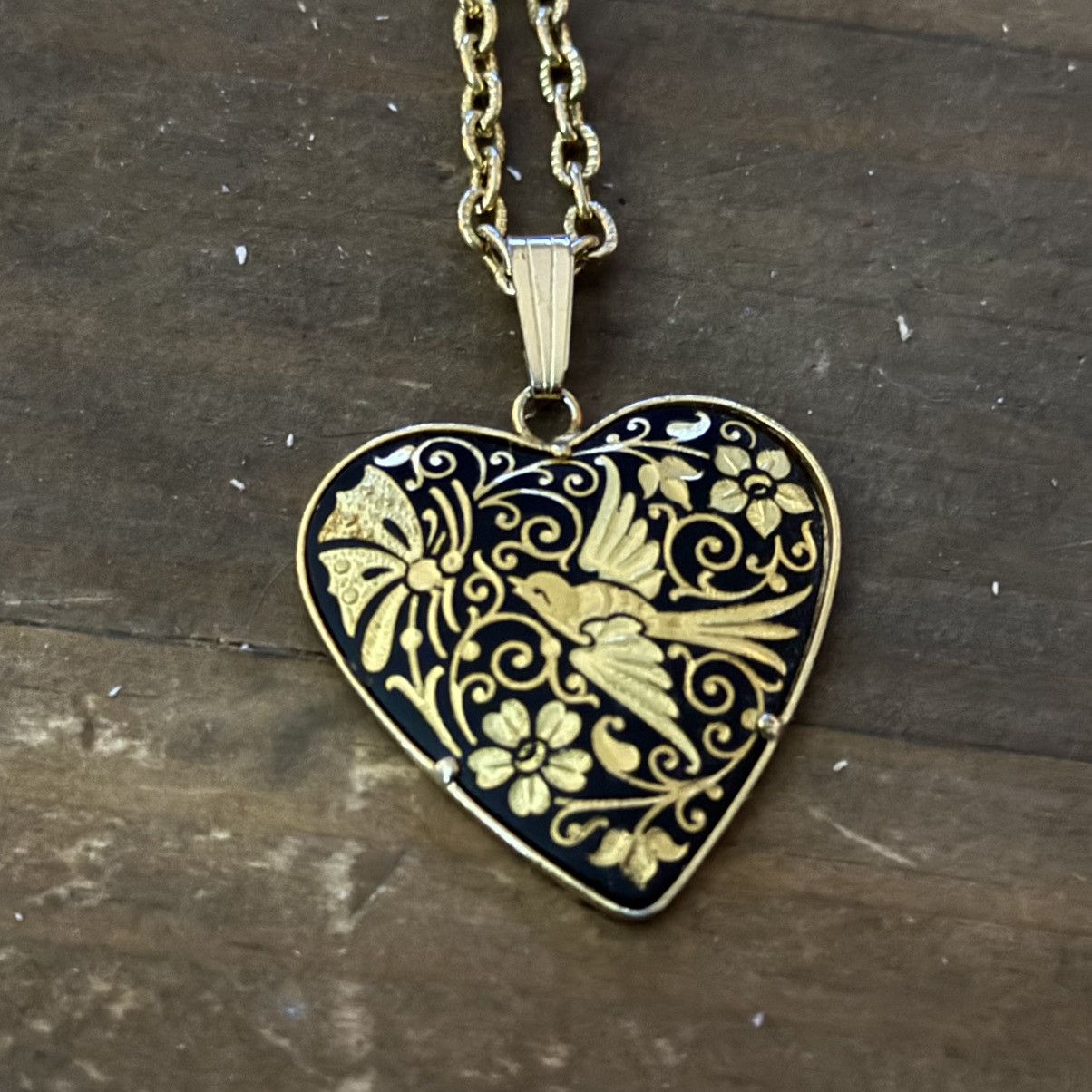 Vintage Vintage bird and flowers damascene heart pendant necklace Size ONE SIZE - 3 Thumbnail