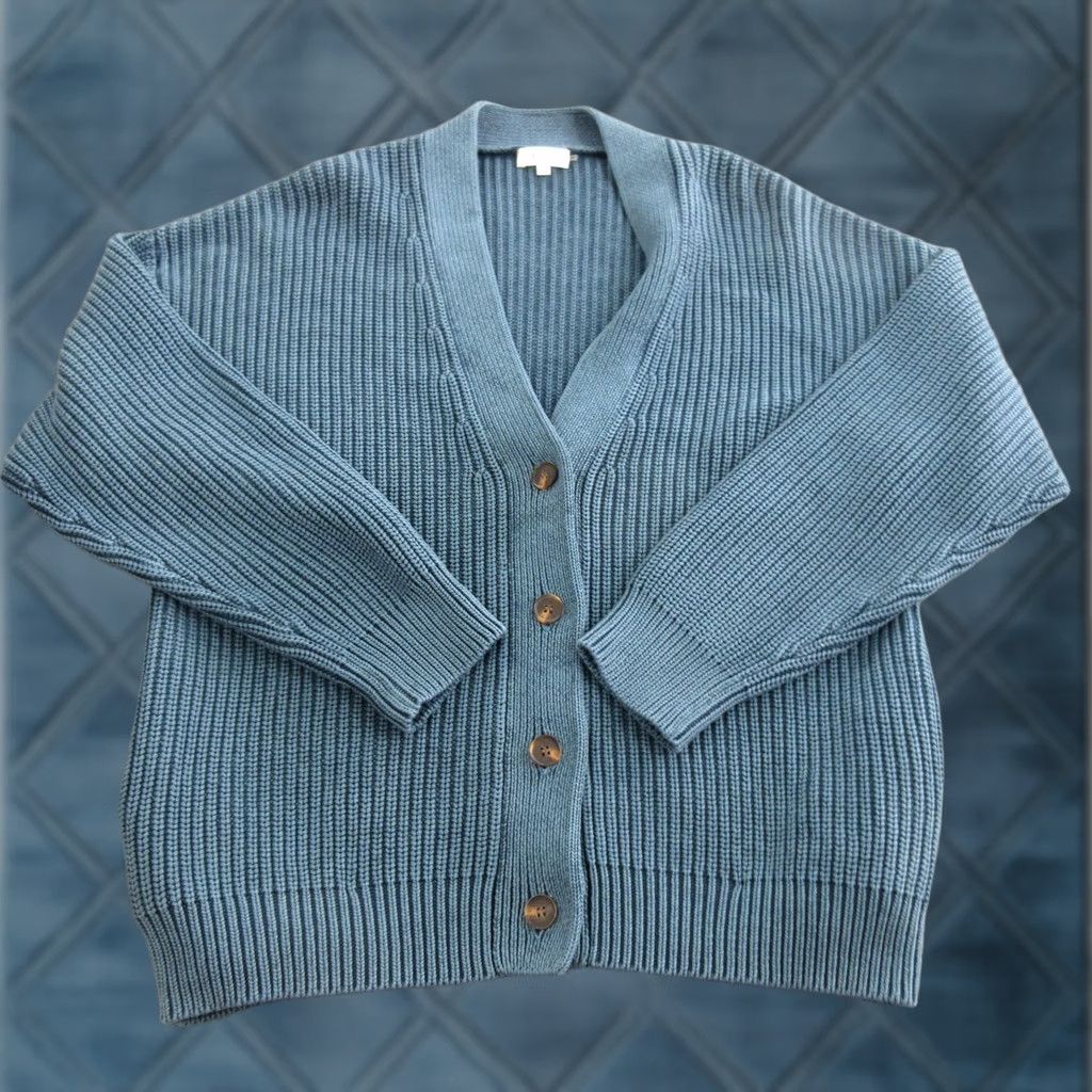 Vintage DEMYLEE Cardigan Sweater Womens L Blue 100% Cotton V-Neck Button Front Chunky Knit Size L / US 10 / IT 46 - 1 Thumbnail