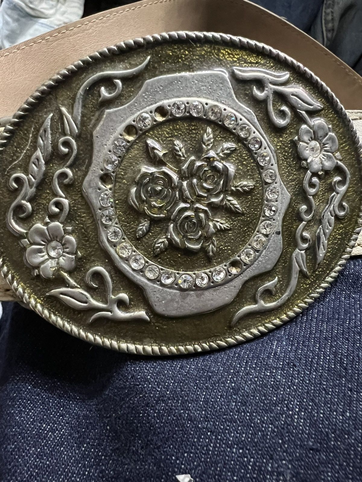 Vintage buckle belt cowboy rhinestone cream Size ONE SIZE - 1 Thumbnail