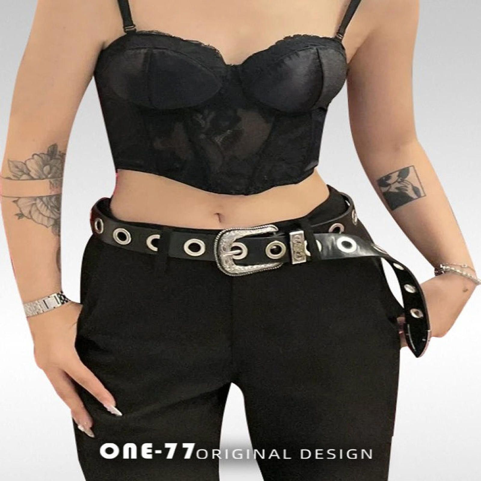 Other Black Leather Eyelet Belt with Decorative Buckle Size ONE SIZE - 2 Thumbnail