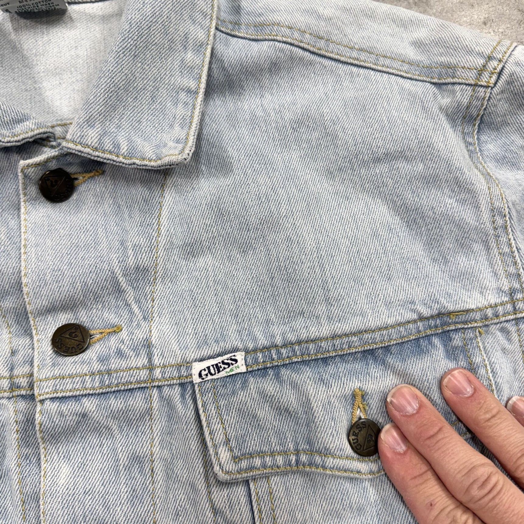 Guess VINTAGE GUESS Georges Marciano for GUESS Denim Jacket Mens M Blue 80s 90s Cotton Solid Logo Button Bomber Jacket Made USA Size US M / EU 48-50 / 2 - 3 Thumbnail