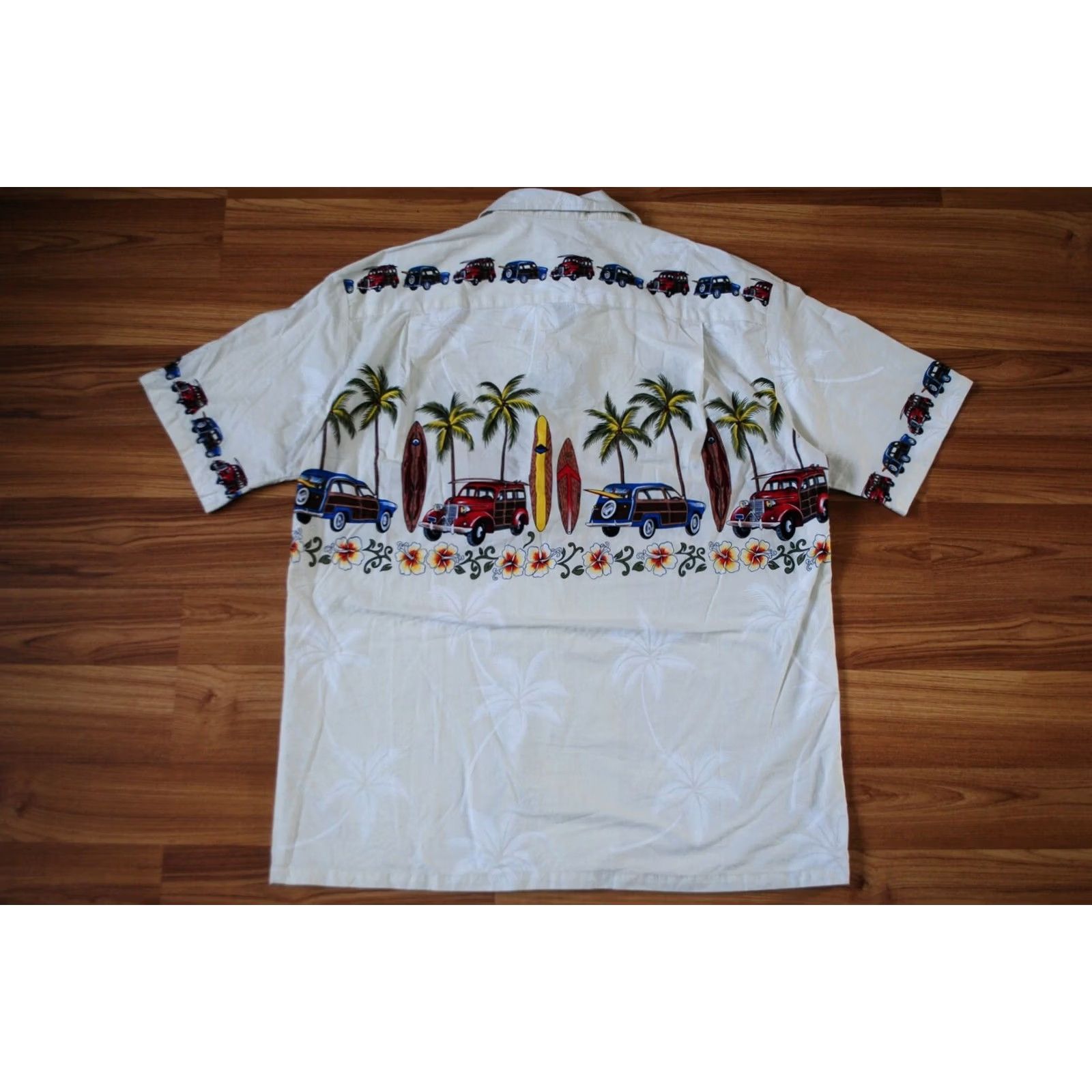 Vintage WINNIE FASHION MENS XL SHIRT HAWAIIAN SURFING COTTON IVORY BUTTON-UP SHORT SLEEVE CAR THEME Size US XL / EU 56 / 4 - 7 Thumbnail