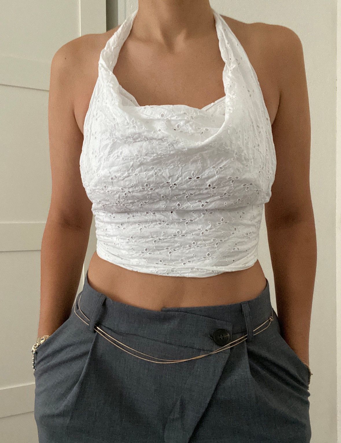 image of Vintage Vivienne Westwood Halter Top Tied White Eyelet, Women's (Size Small)