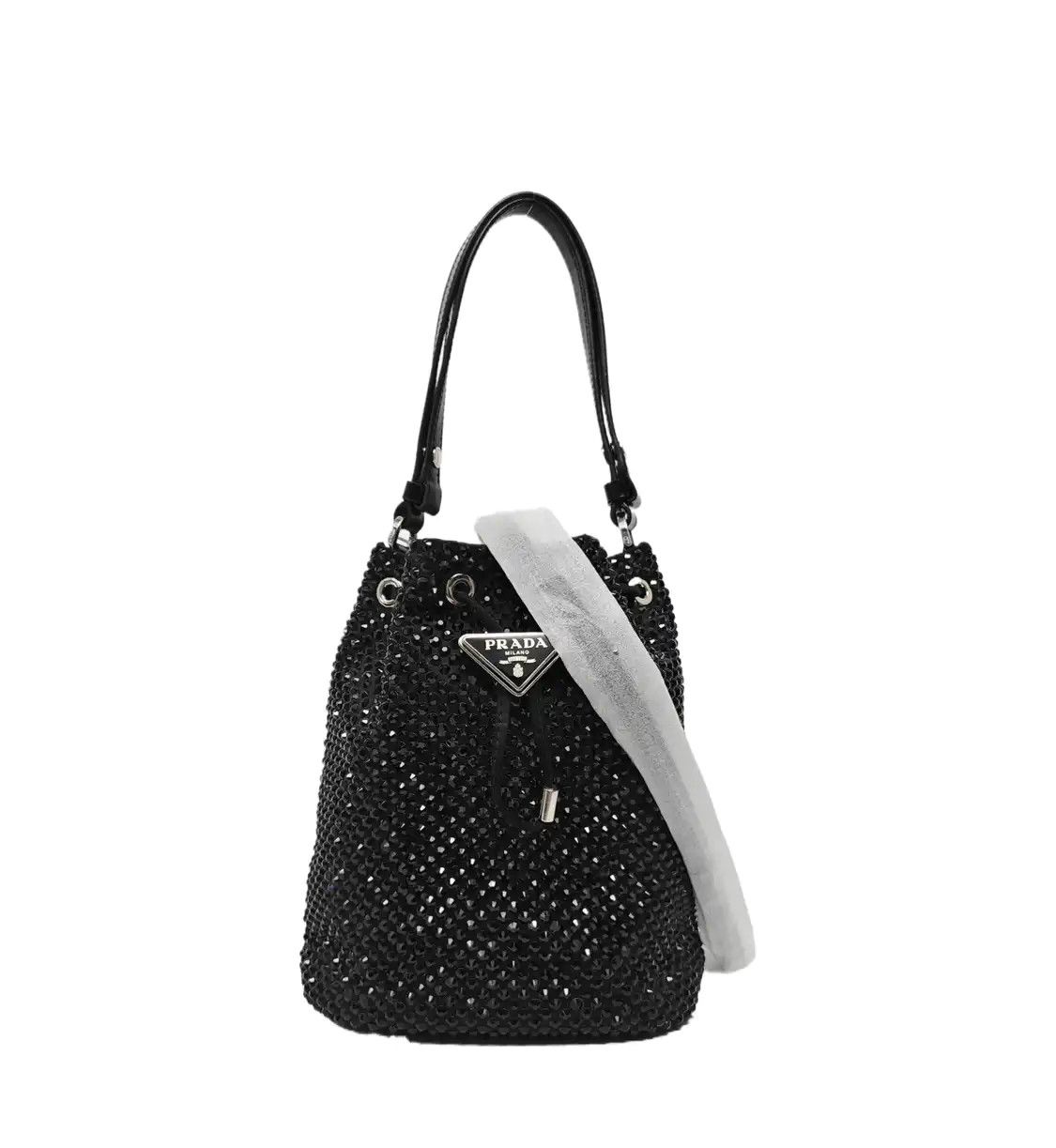 Prada PRADA bucket bag black cubic zirconia logo applique shoulder bag crossbody silve Size ONE SIZE - 1 Thumbnail