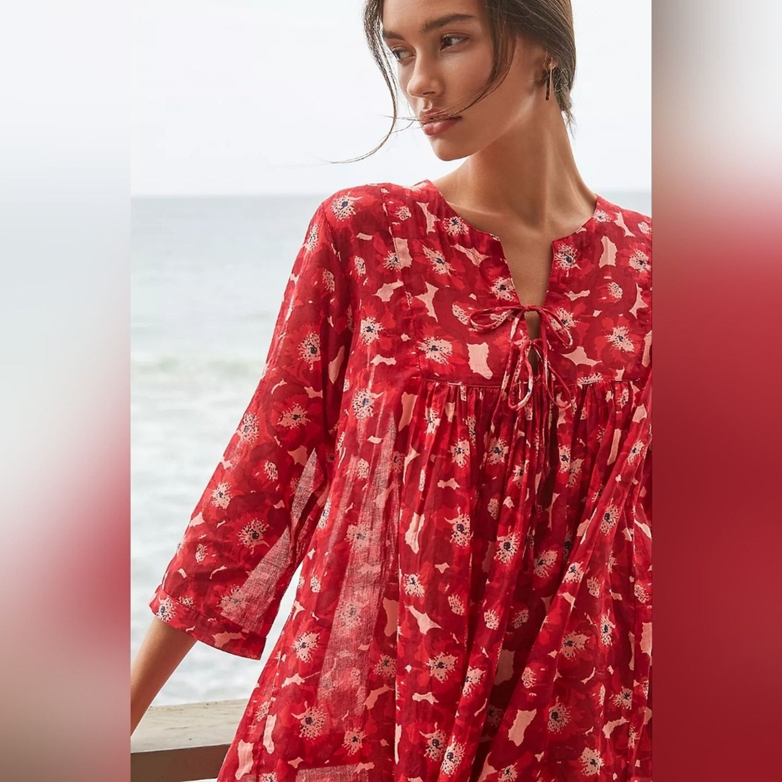 Anthropologie Ro’s Garden Red Floral Seychelles Tunic Dress Coverup Sz XL Size XL / US 12-14 / IT 48-50 - 2 Thumbnail