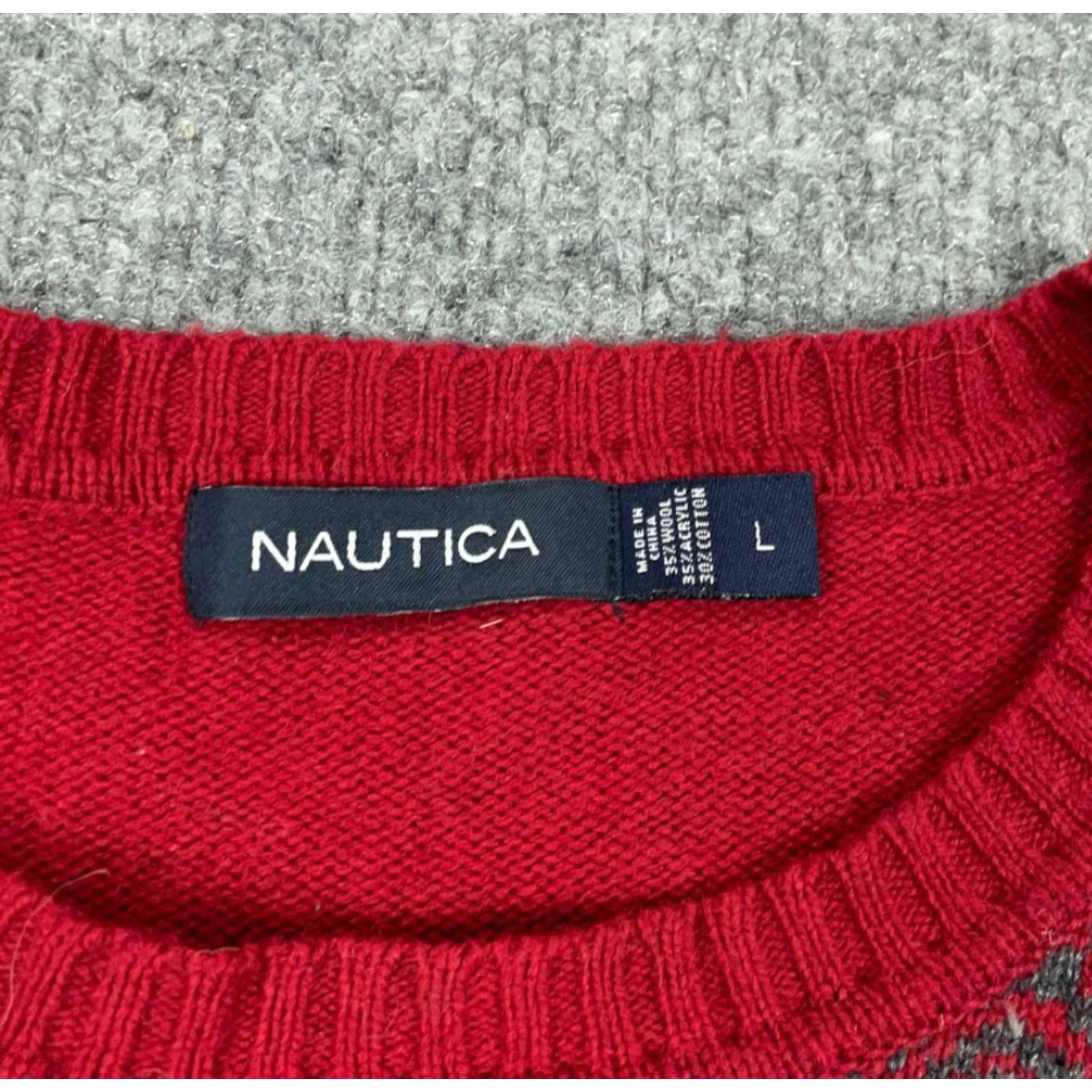 Nautica VINTAGE Nautica Geometric Sweater Men Adult Large Red Gray Wool Lightweight Knit Pullover Crew Neck Long Sleeve 90s Classic Dad Hipster Retro Size US L / EU 52-54 / 3 - 3 Thumbnail