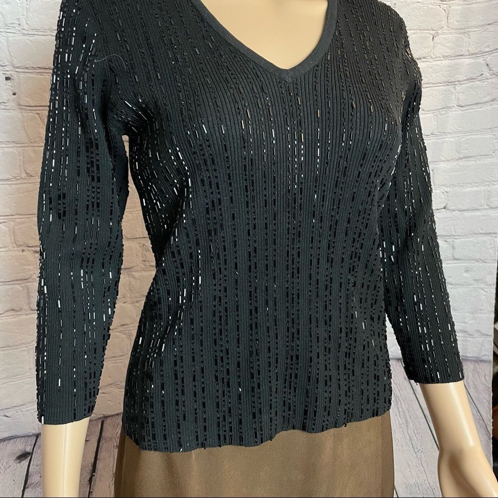 Other City Silk V-neck 3/4 Sleeve Beaded Black Sweater Size L Size L / US 10 / IT 46 - 4 Thumbnail